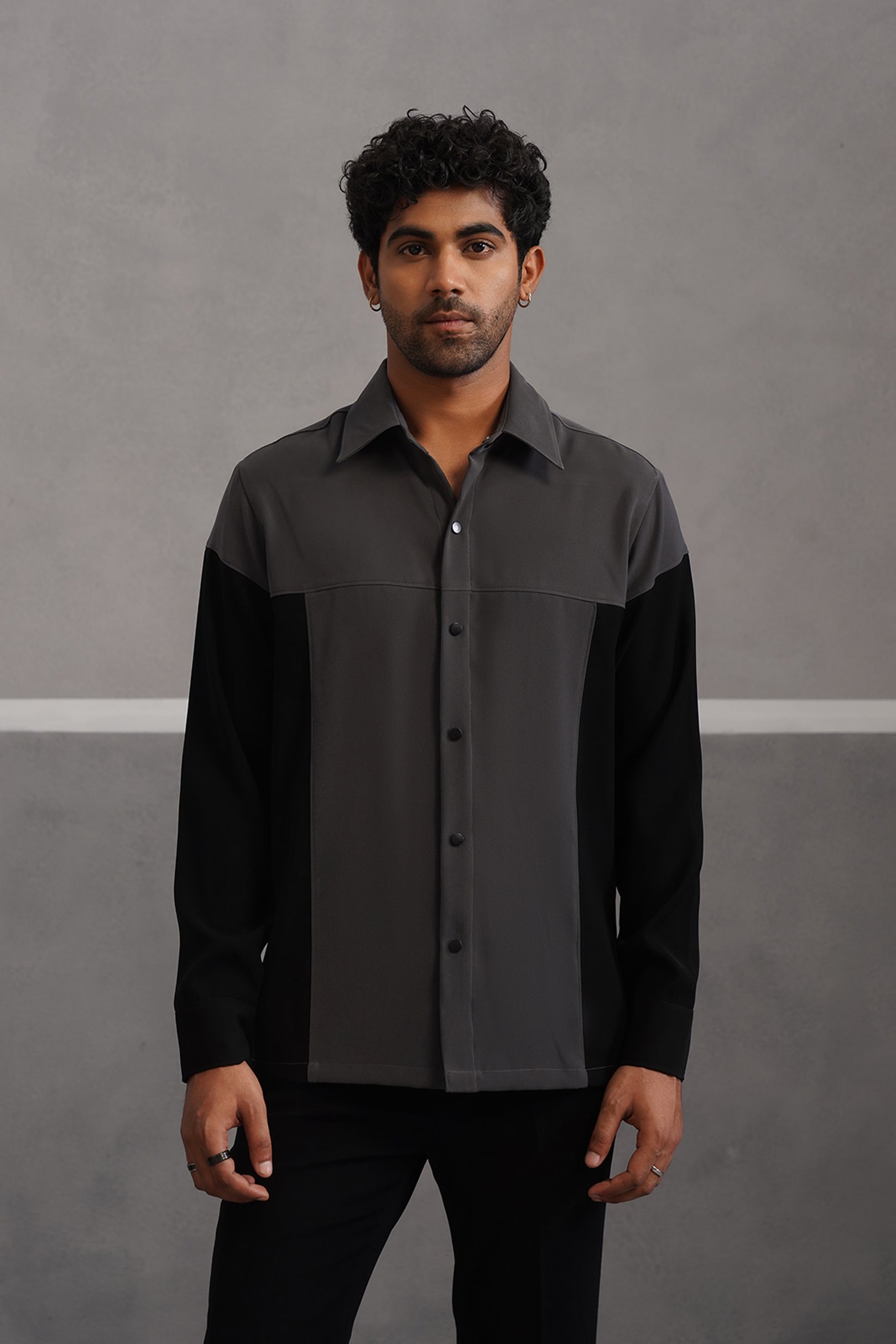 Korean Lycra Luxe Patchwork Shirt - Grey