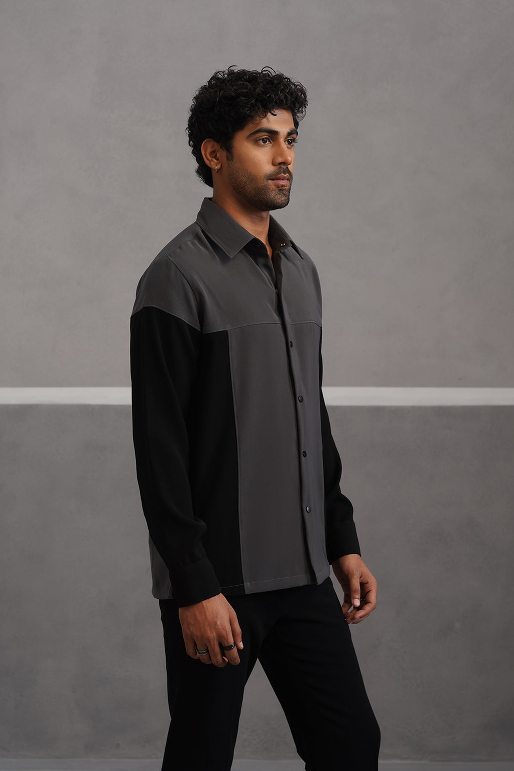 Korean Lycra Luxe Patchwork Shirt - Grey