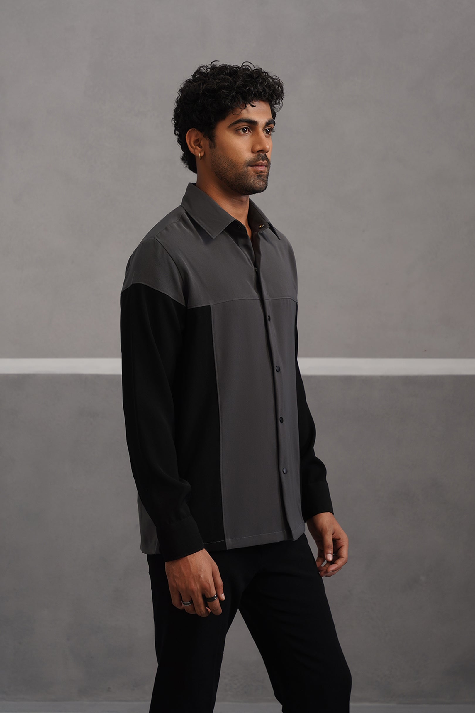 Korean Lycra Luxe Patchwork Shirt - Grey