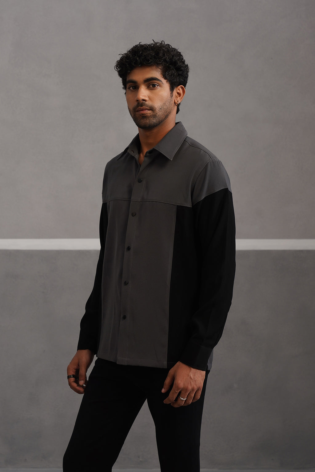 Korean Lycra Luxe Patchwork Shirt - Grey