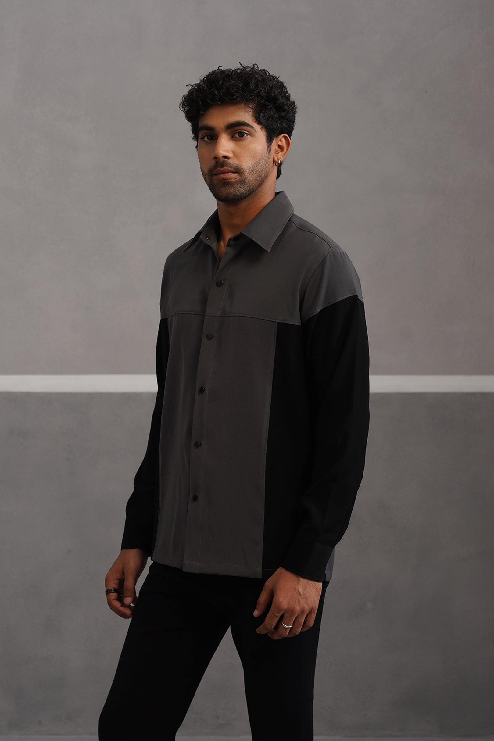 Korean Lycra Luxe Patchwork Shirt - Grey