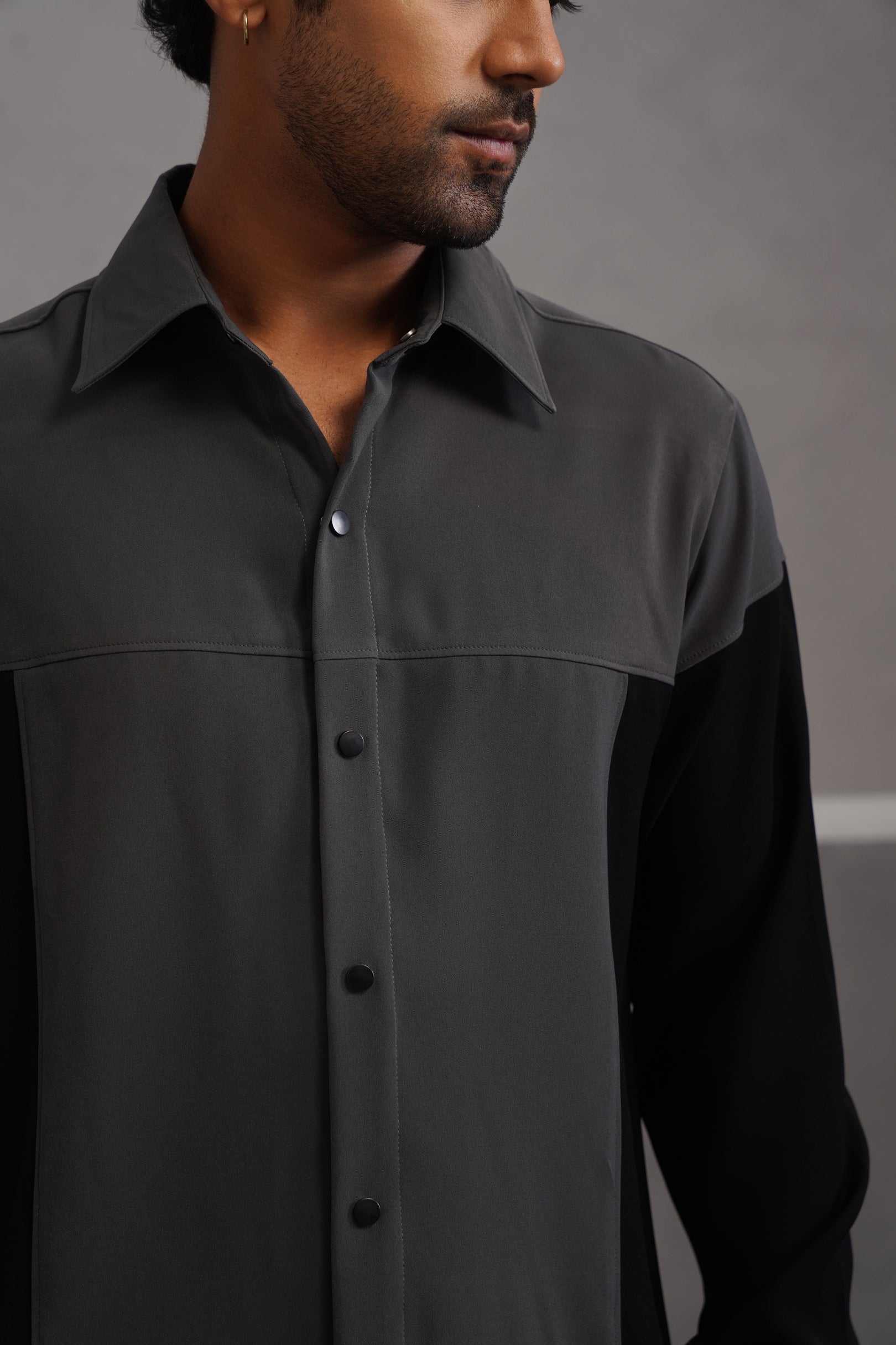 Korean Lycra Luxe Patchwork Shirt - Grey