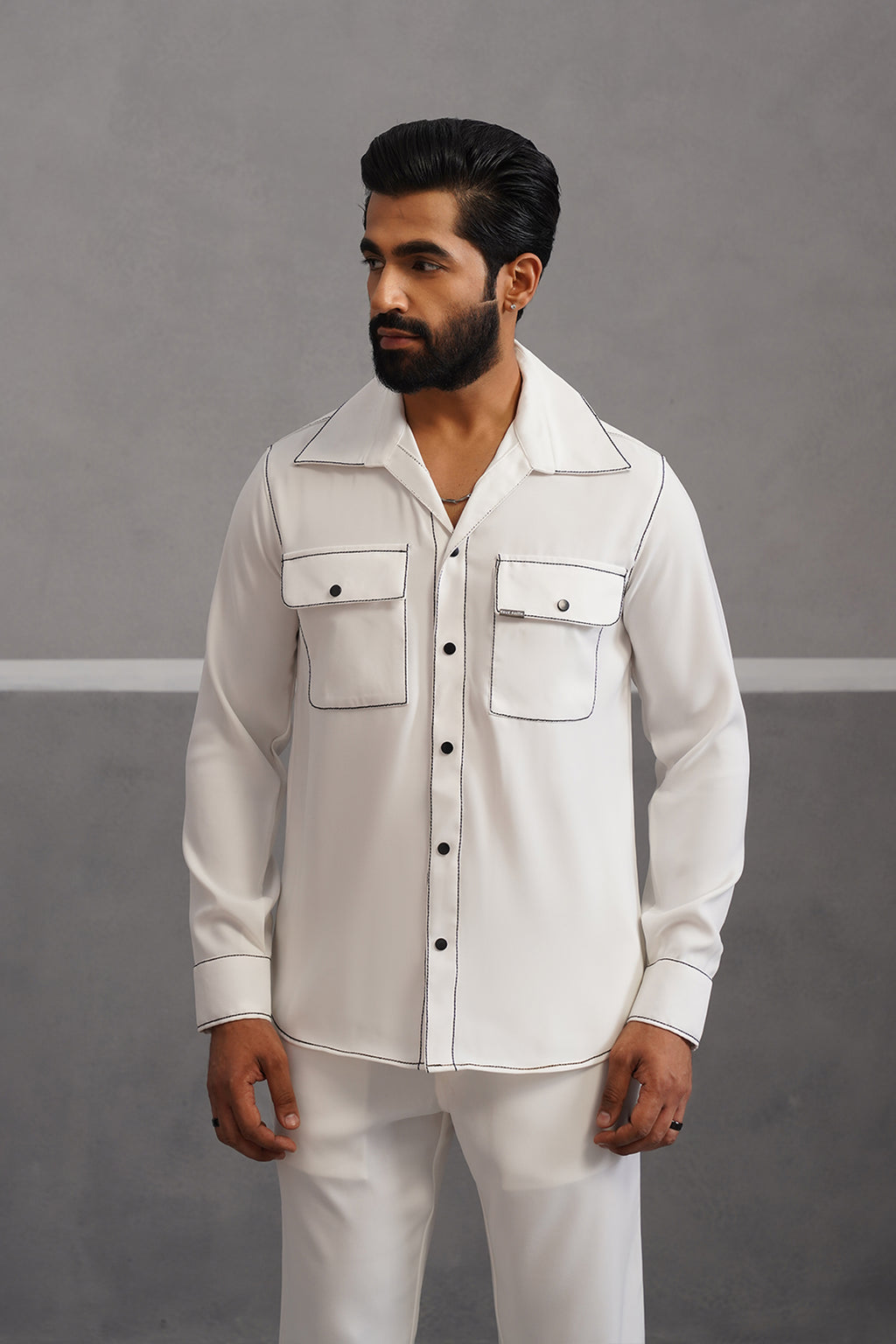 Korean Lycra Elite Double Pocket Embroidered Shirt - White