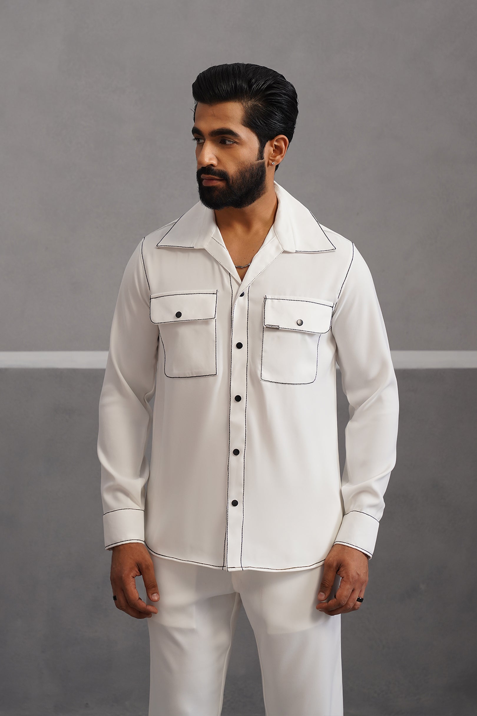 Korean Lycra Elite Double Pocket Embroidered Shirt - White