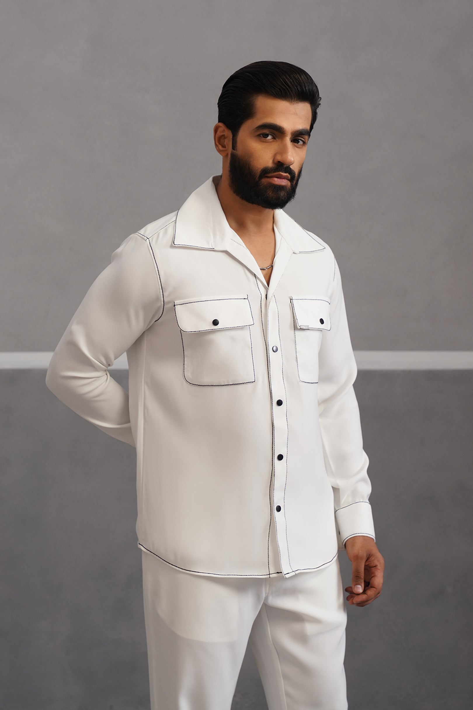 Korean Lycra Elite Double Pocket Embroidered Shirt - White