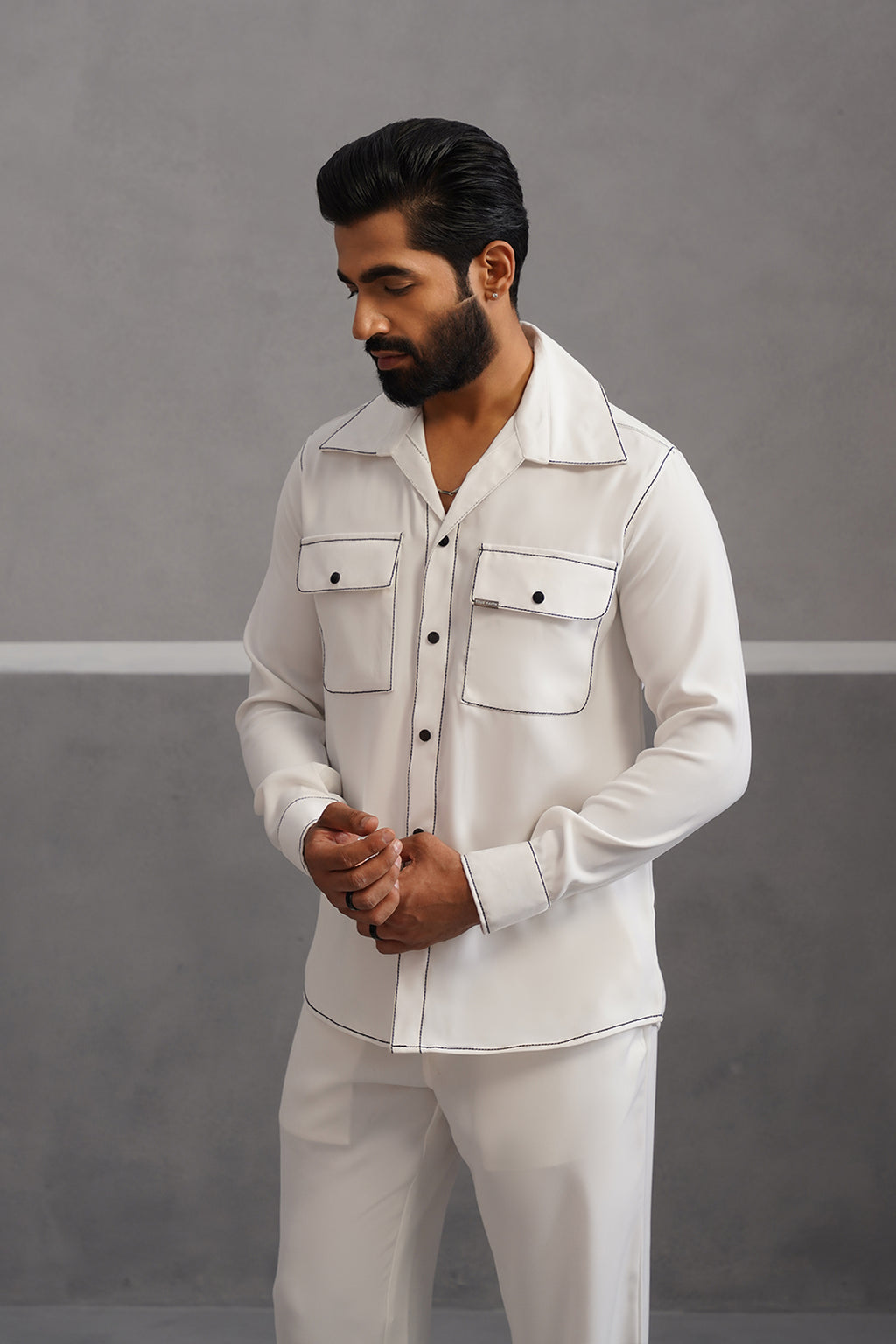 Korean Lycra Elite Double Pocket Embroidered Shirt - White