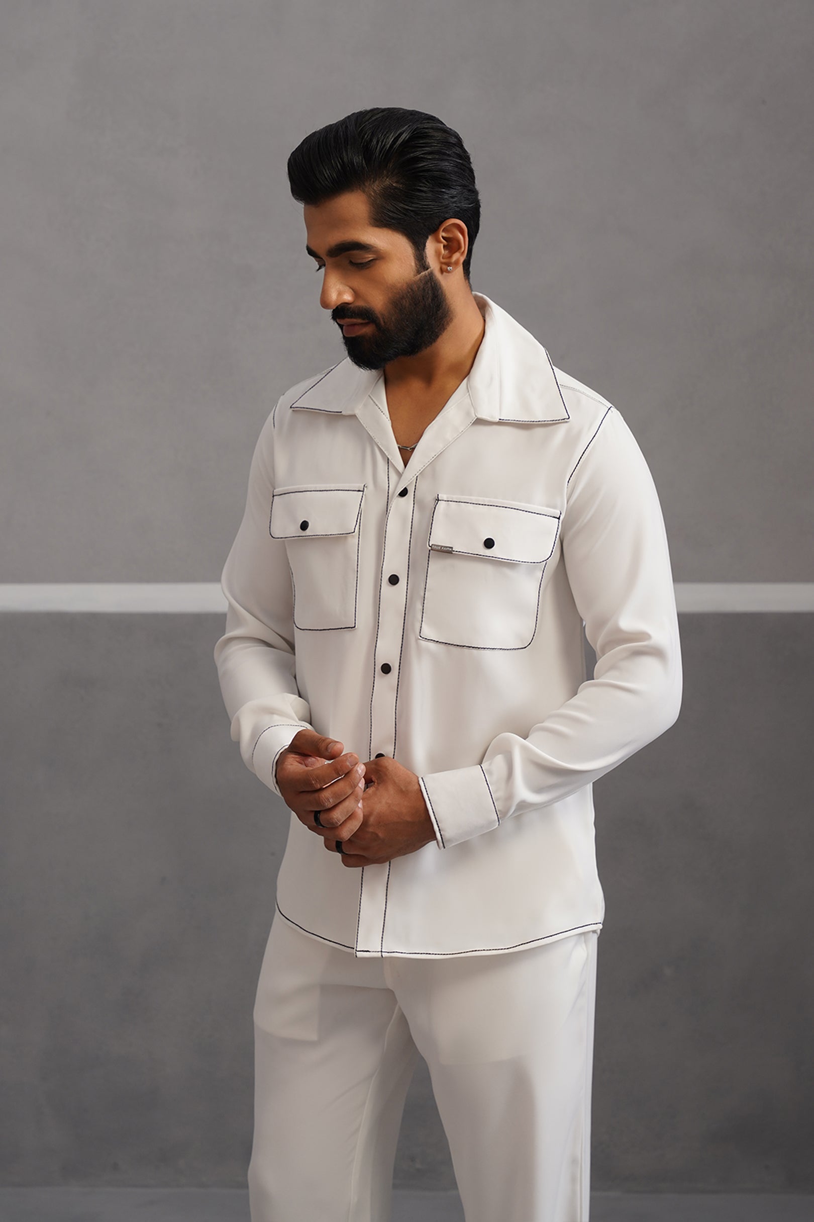 Korean Lycra Elite Double Pocket Embroidered Shirt - White