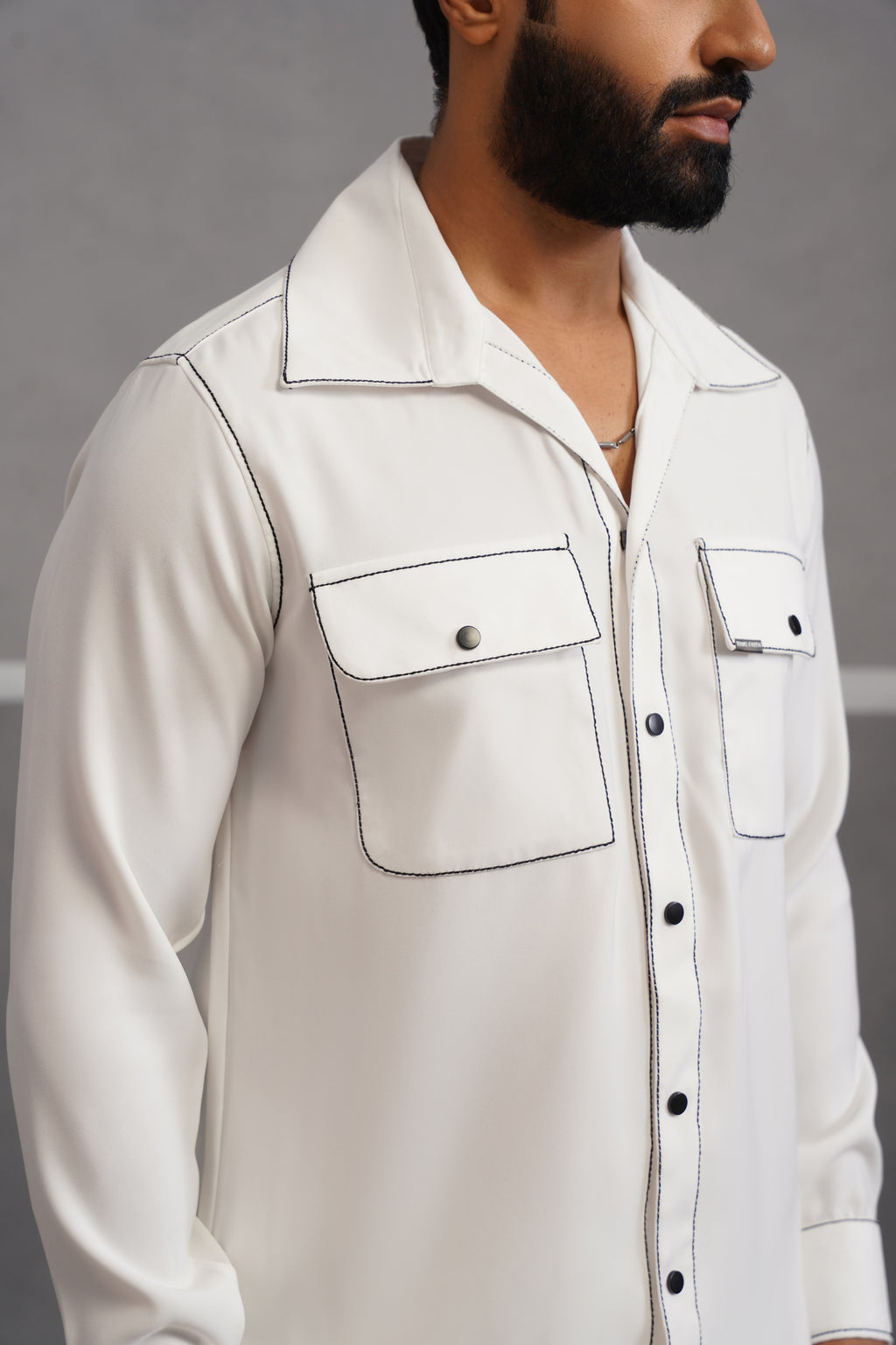 Korean Lycra Elite Double Pocket Embroidered Shirt - White