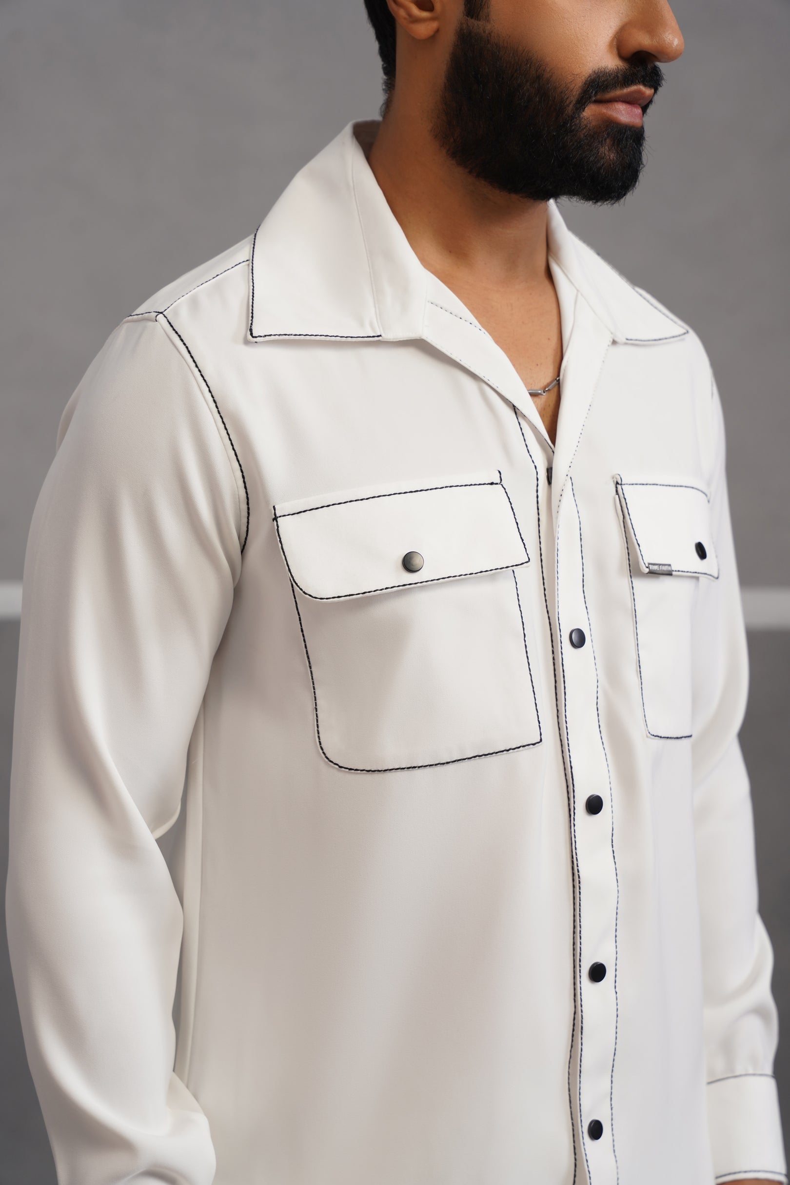 Korean Lycra Elite Double Pocket Embroidered Shirt - White