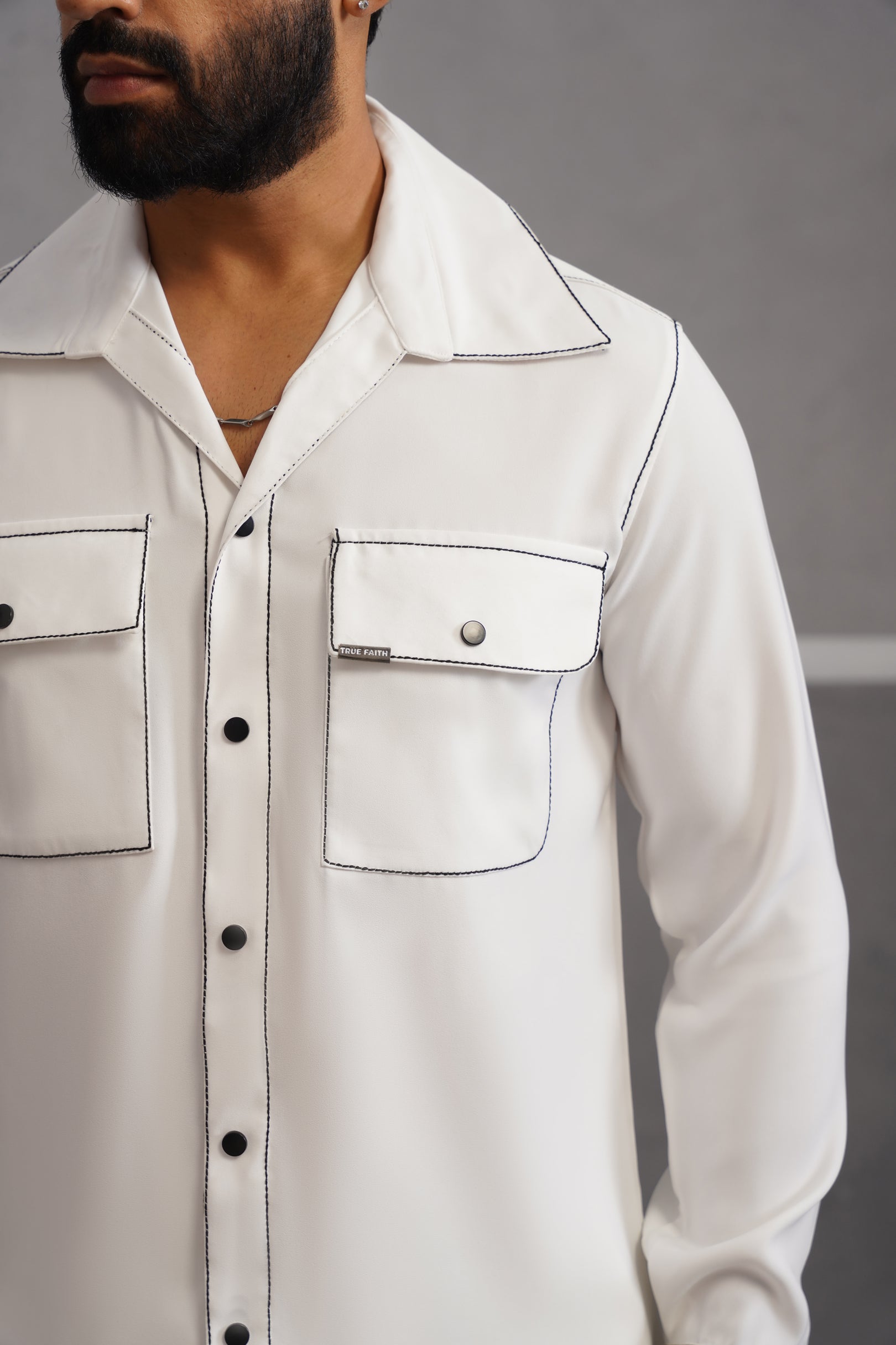 Korean Lycra Elite Double Pocket Embroidered Shirt - White