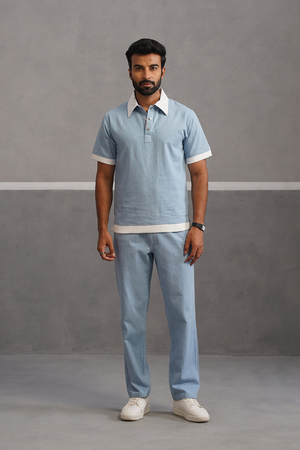 Denim Polo Collar Tshirt Coord Set - Light Blue
