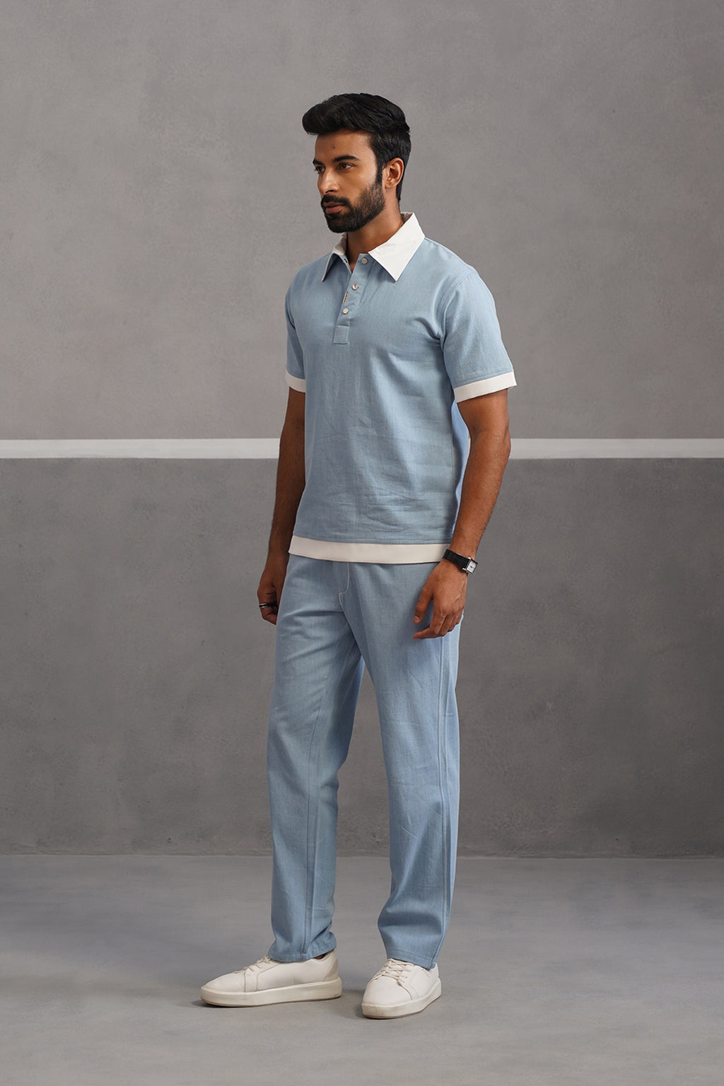 Denim Polo Collar Tshirt Coord Set - Light Blue