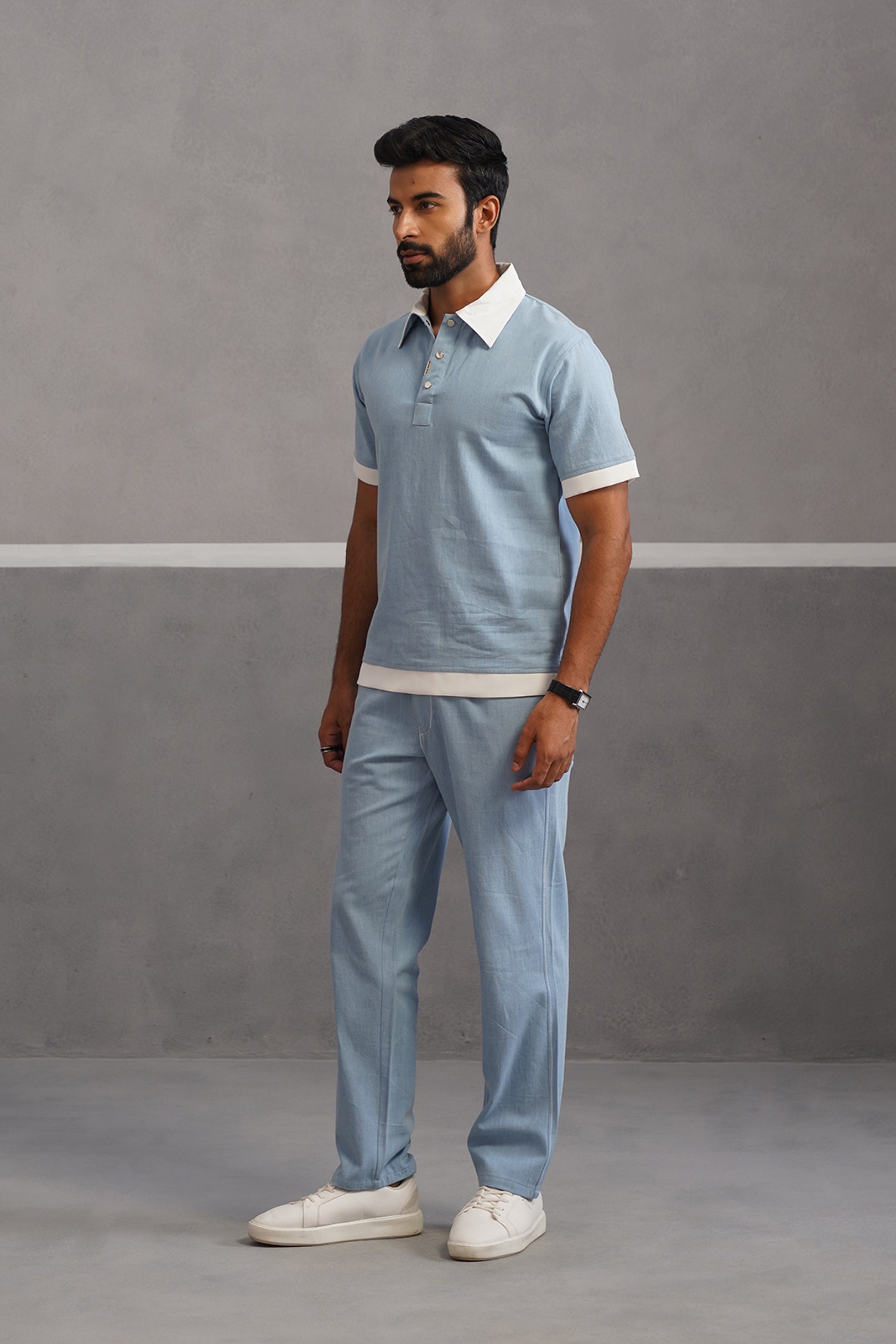 Denim Polo Collar Tshirt Coord Set - Light Blue