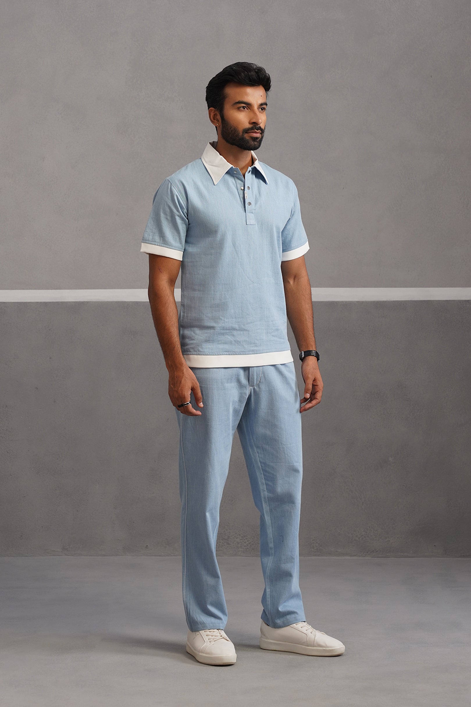 Denim Polo Collar Tshirt Coord Set - Light Blue