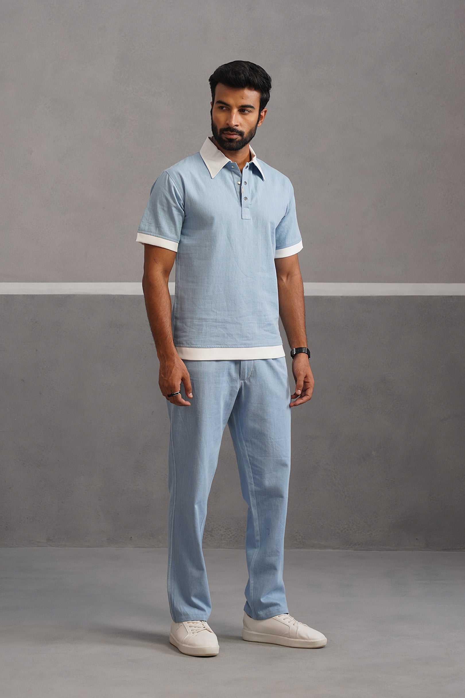 Denim Polo Collar Tshirt Coord Set - Light Blue