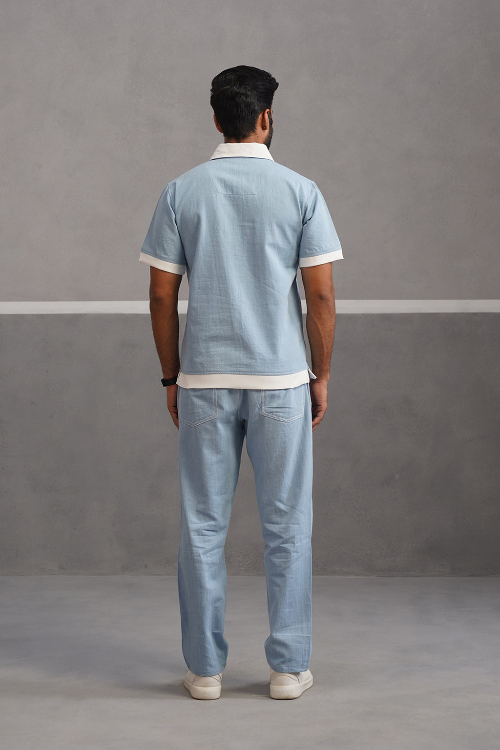 Denim Polo Collar Tshirt Coord Set - Light Blue