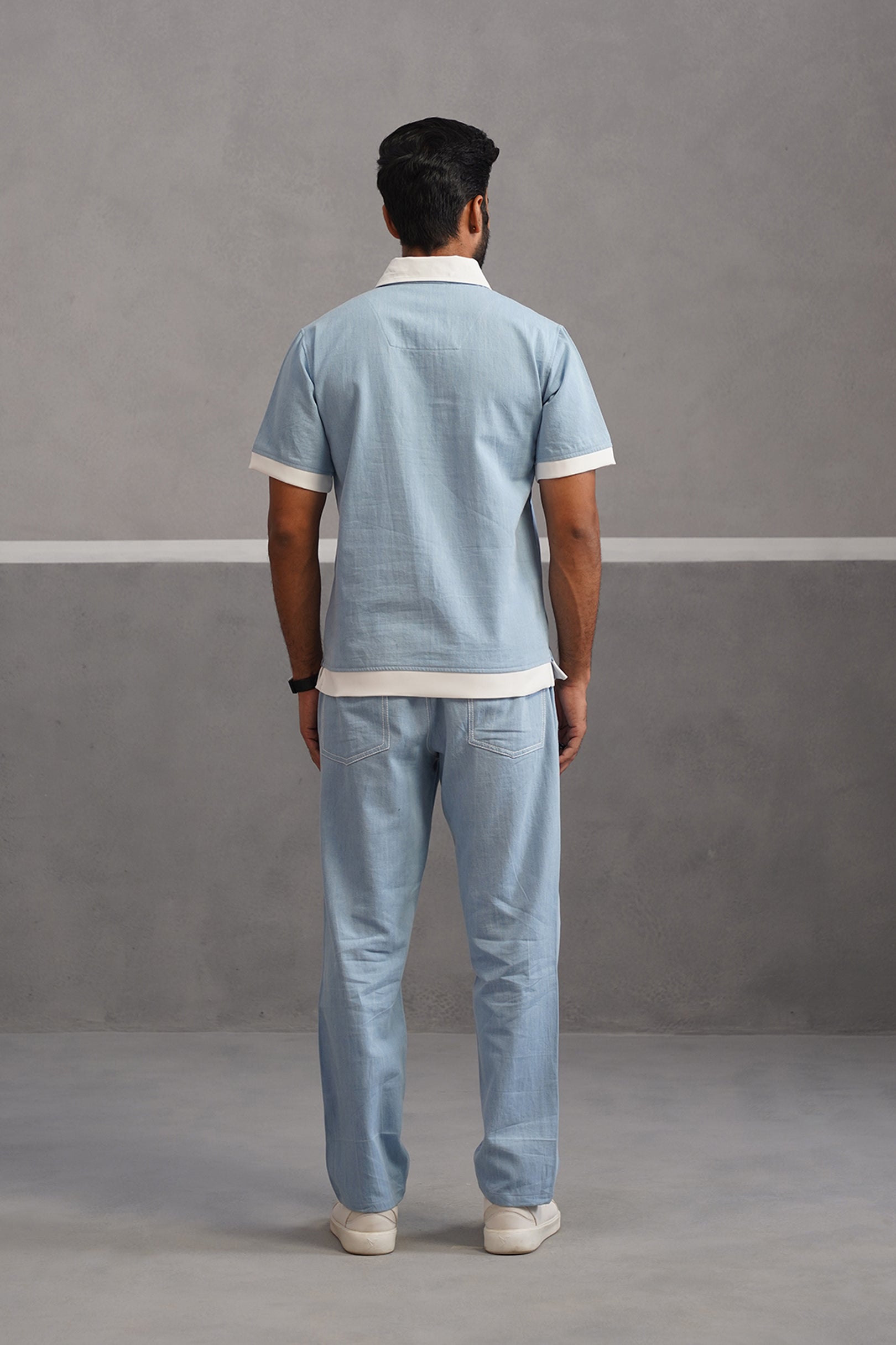 Denim Polo Collar Tshirt Coord Set - Light Blue