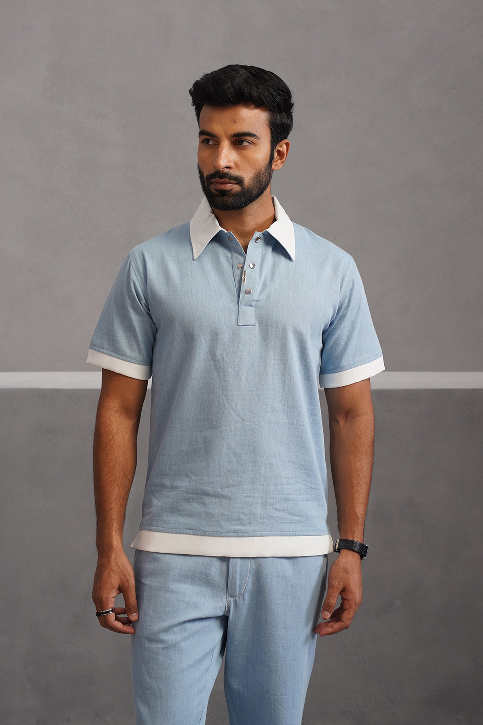 Denim Luxe Polo Collar Tshirt - Light Blue