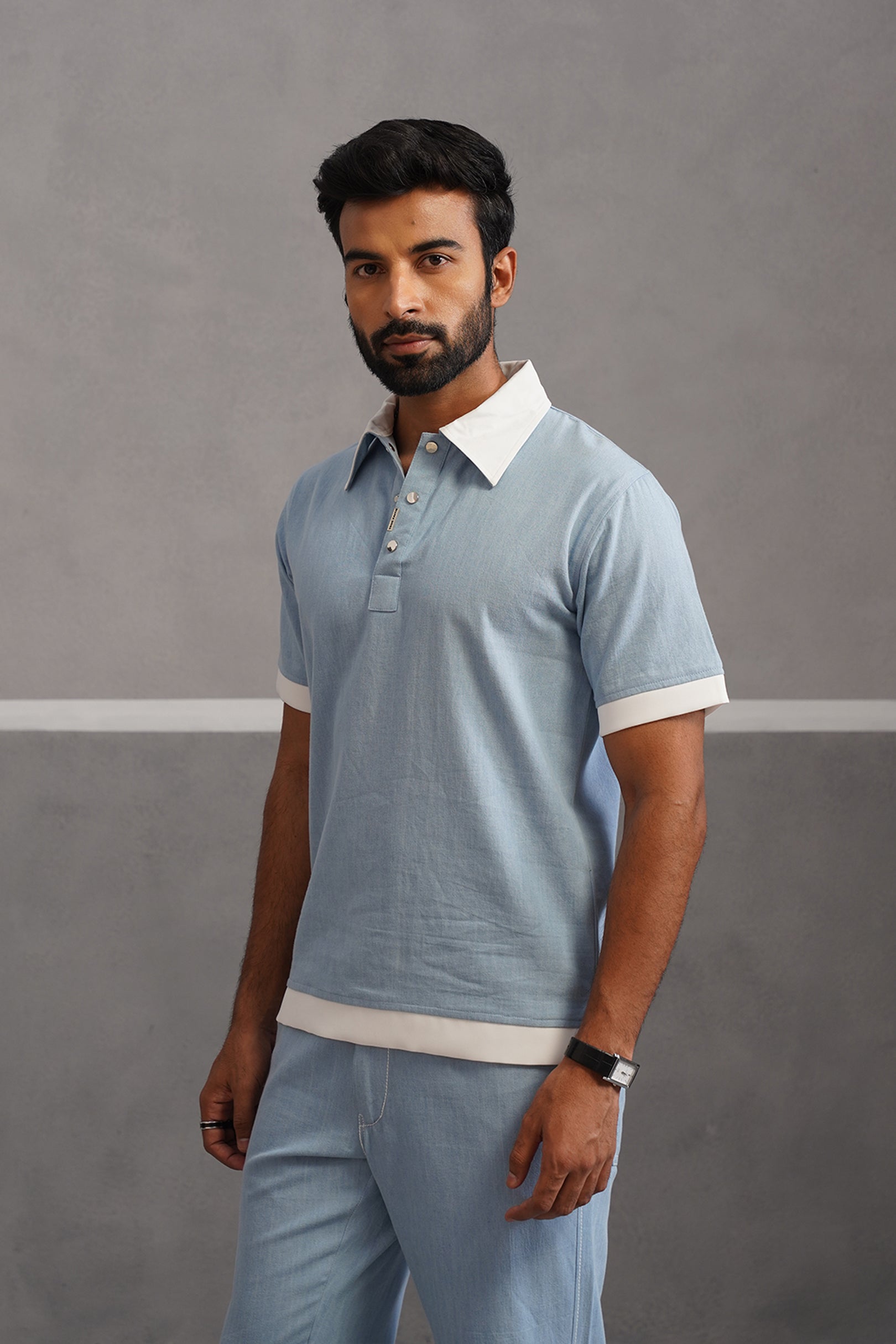 Denim Luxe Polo Collar Tshirt - Light Blue