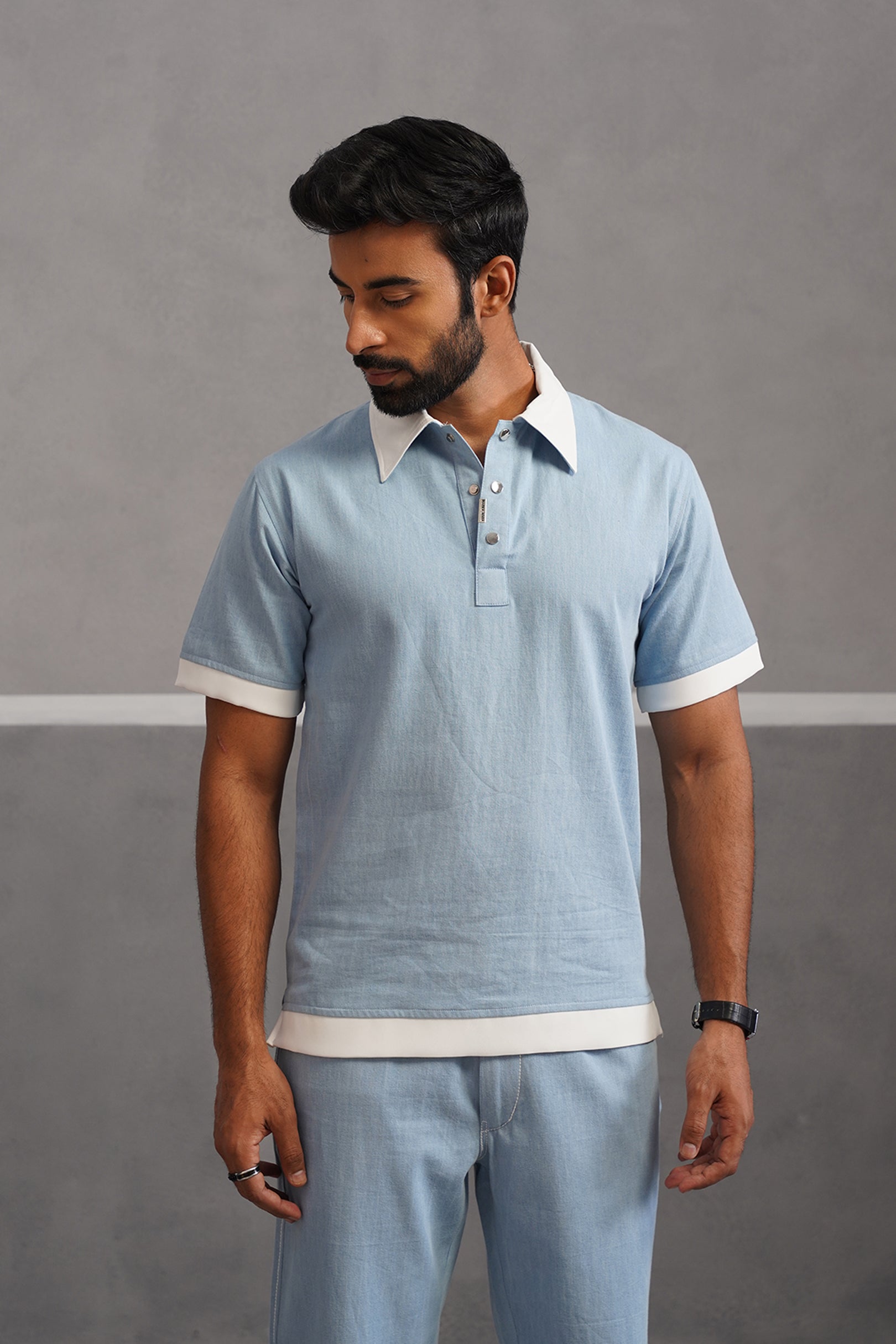 Denim Luxe Polo Collar Tshirt - Light Blue