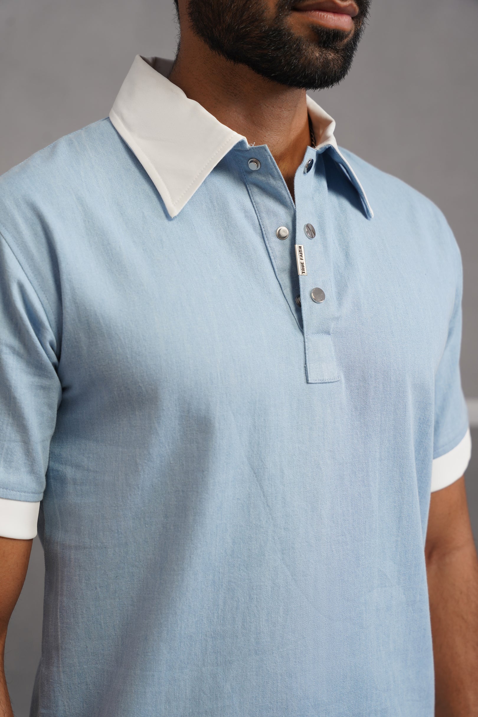 Denim Luxe Polo Collar Tshirt - Light Blue