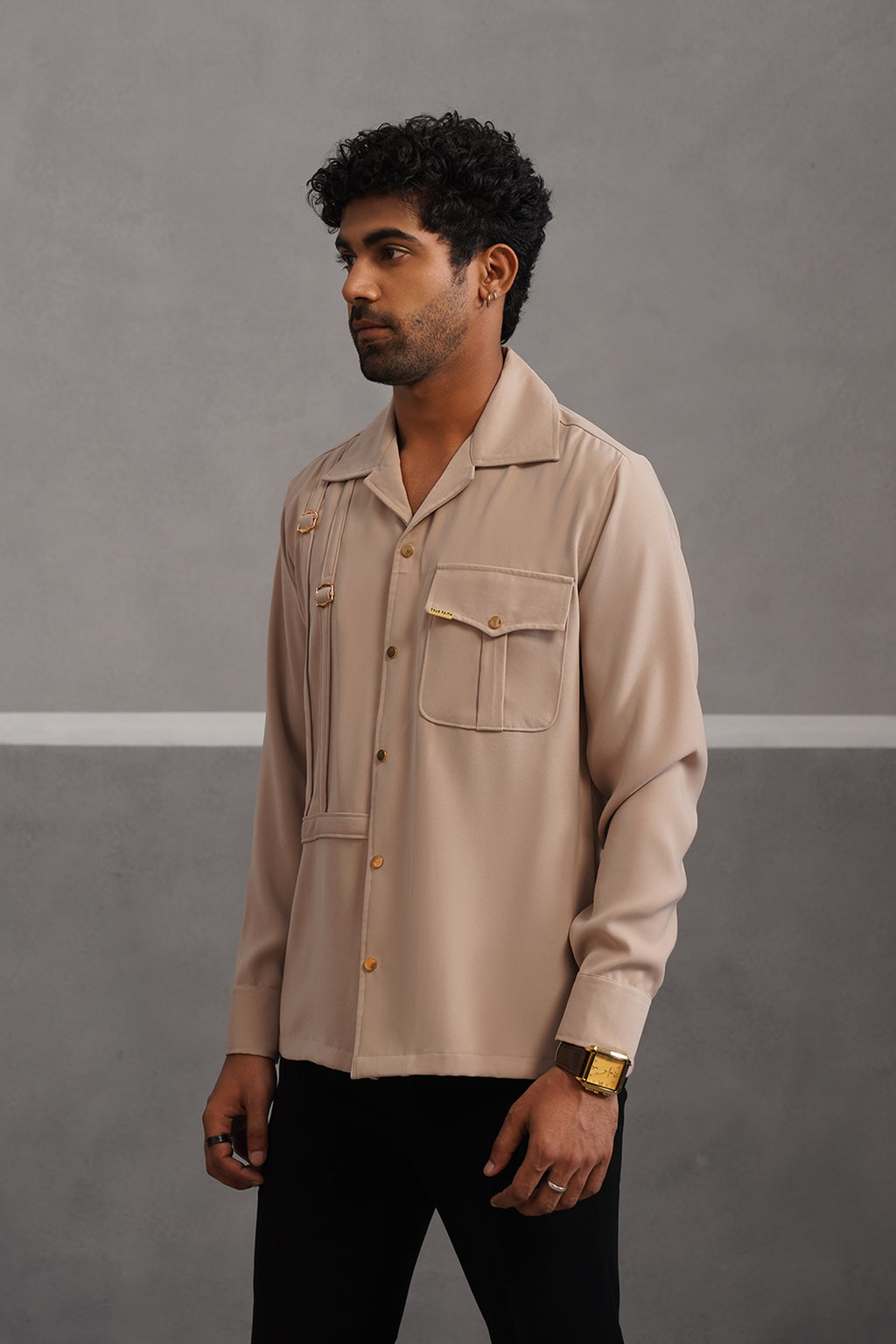 Korean Lycra Elite Full Sleeve Buckle Shirt - Beige