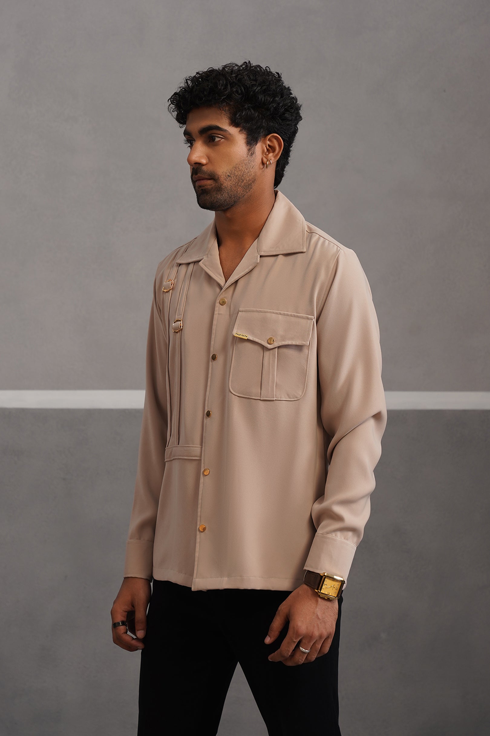 Korean Lycra Elite Full Sleeve Buckle Shirt - Beige
