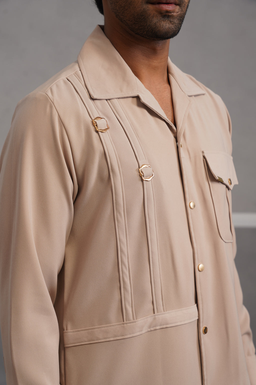 Korean Lycra Elite Full Sleeve Buckle Shirt - Beige