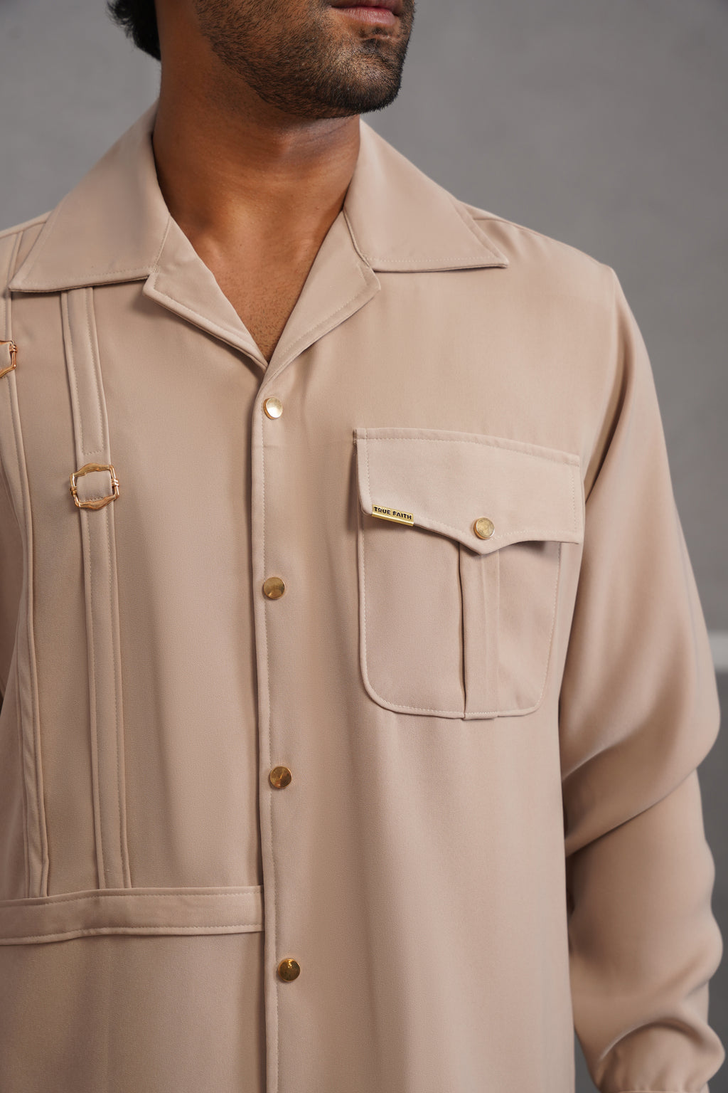 Korean Lycra Elite Full Sleeve Buckle Shirt - Beige