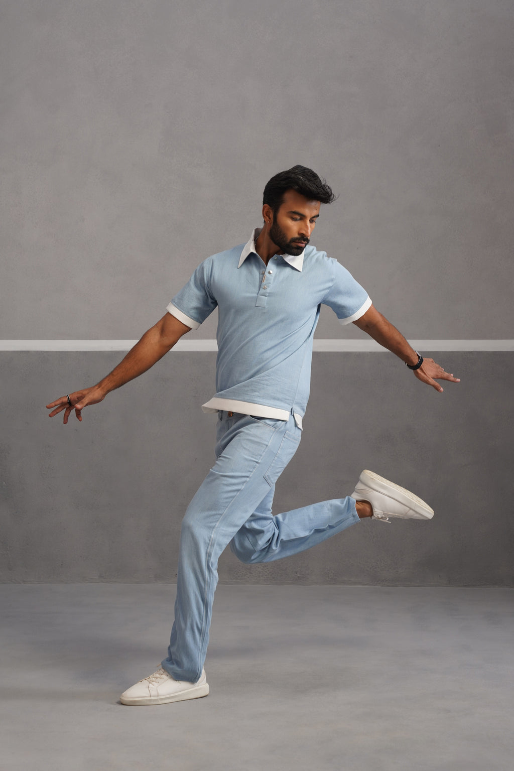 Denim Polo Collar Tshirt Coord Set - Light Blue