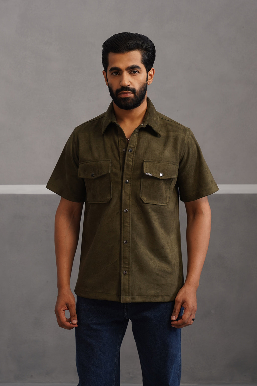 Rich Suede Fabric Double Pocket Shirt - Green