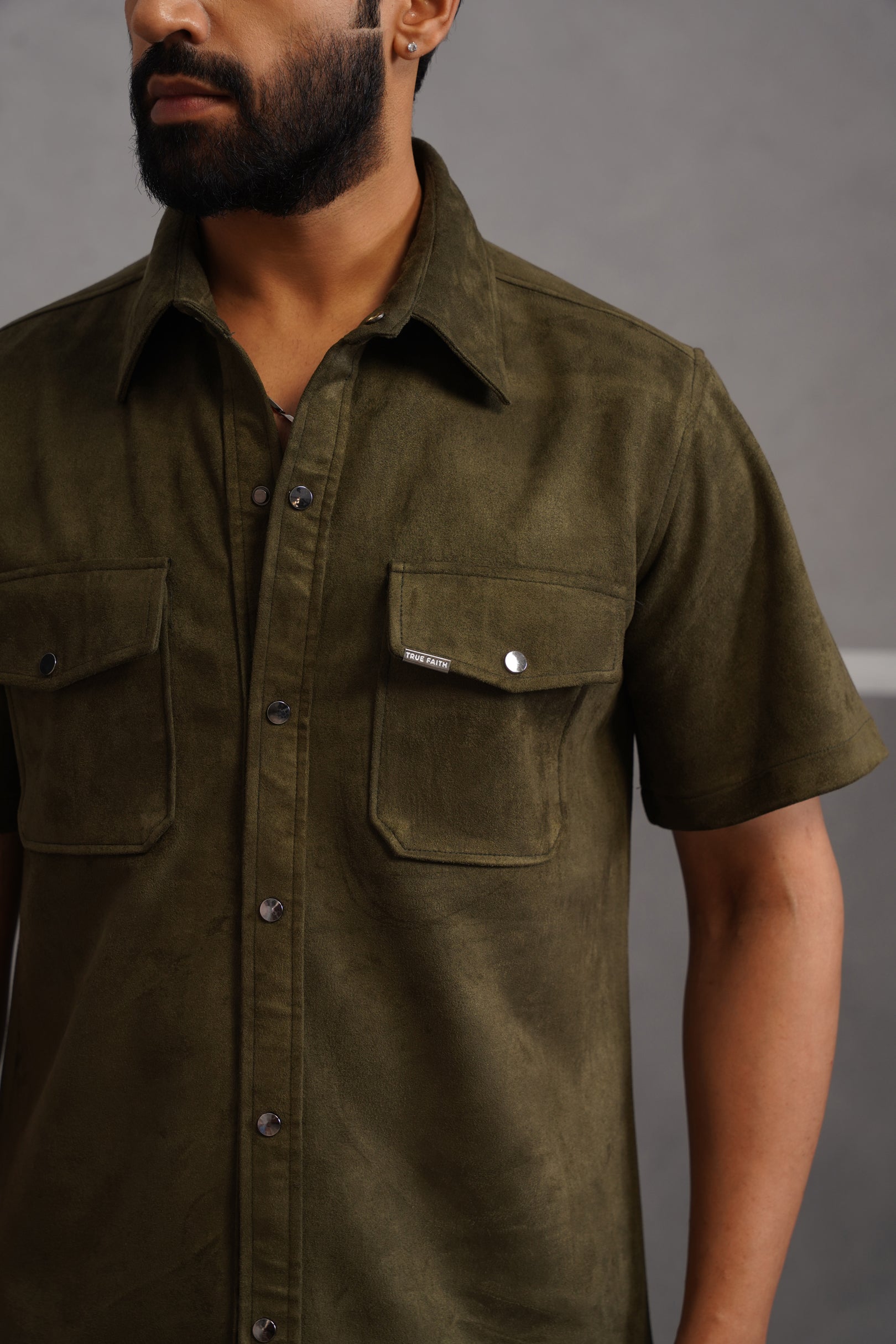 Rich Suede Fabric Double Pocket Shirt - Green