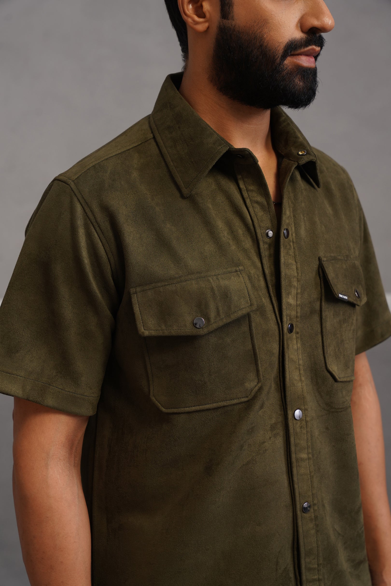Rich Suede Fabric Double Pocket Shirt - Green