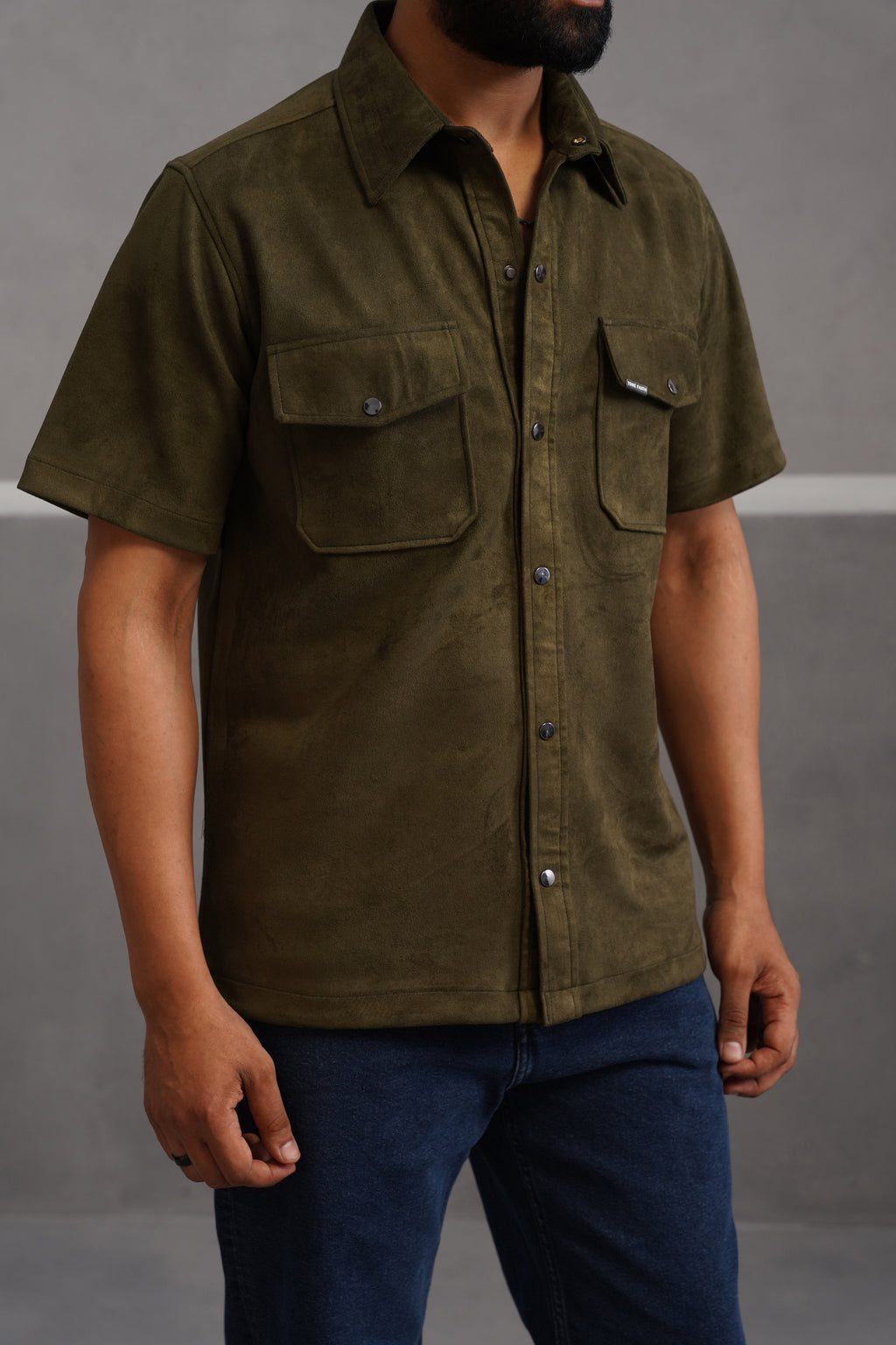 Rich Suede Fabric Double Pocket Shirt - Green