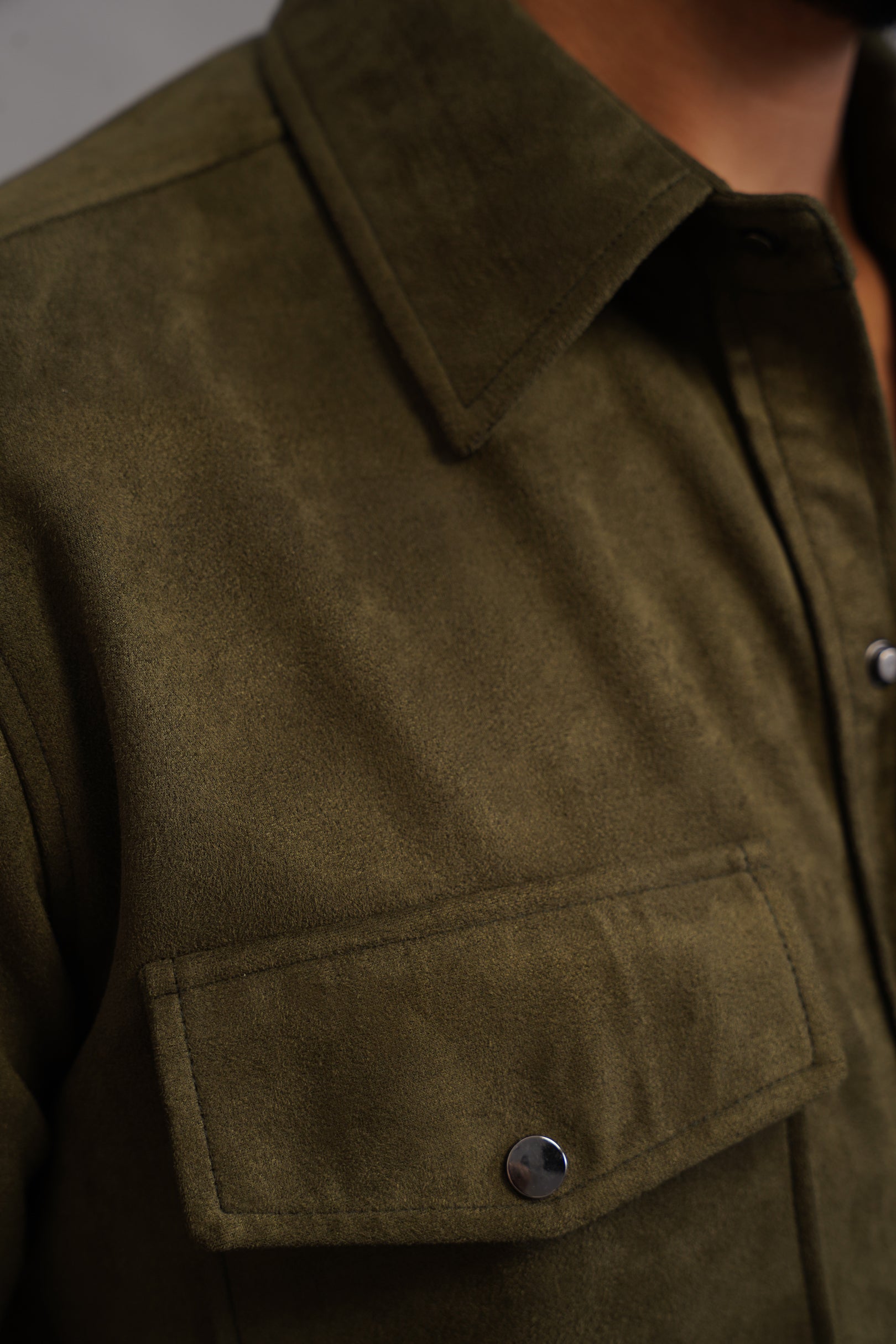 Rich Suede Fabric Double Pocket Shirt - Green