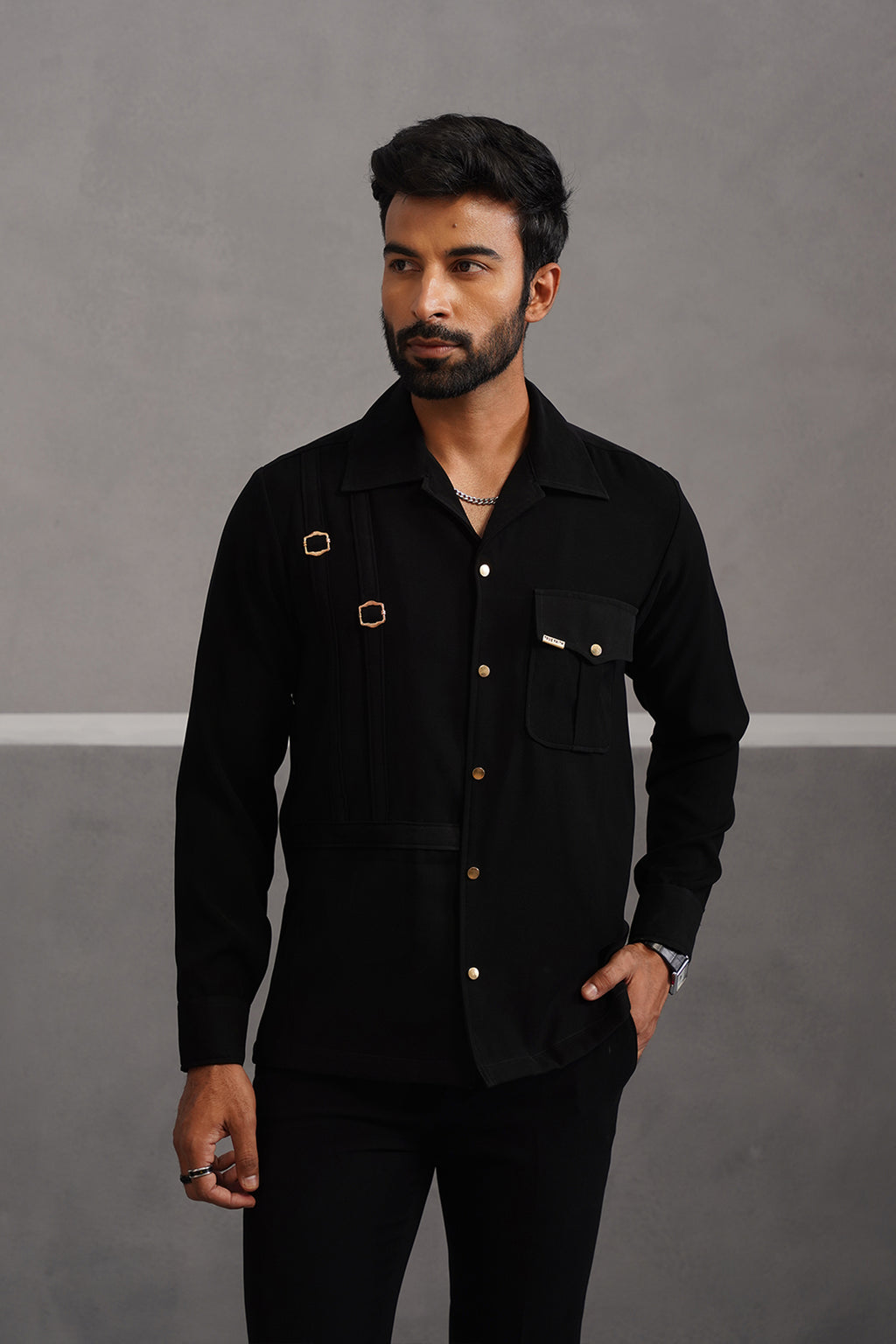 Korean Lycra Elite Full Sleeve Buckle Shirt - Black