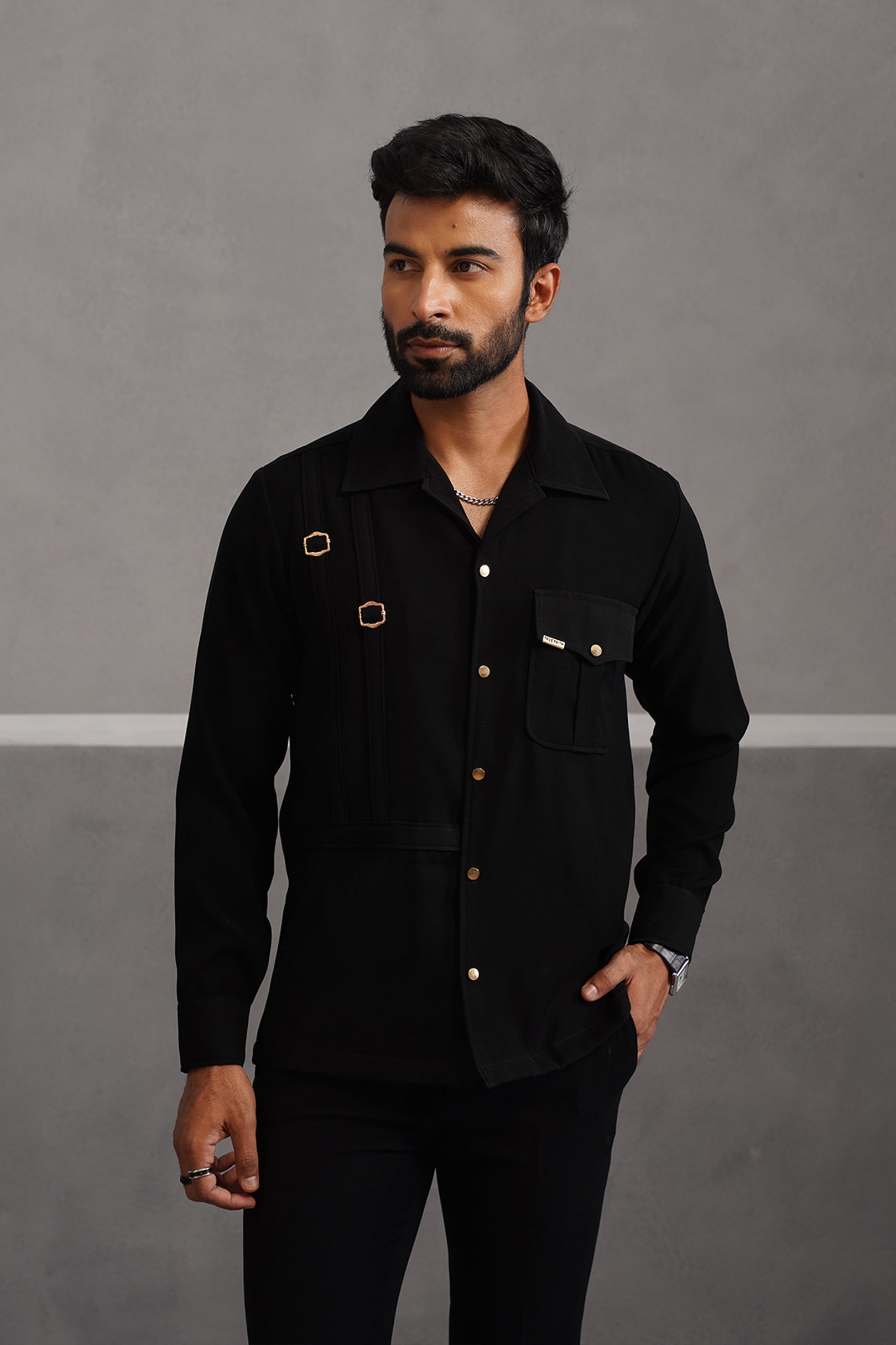 Korean Lycra Elite Full Sleeve Buckle Shirt - Black