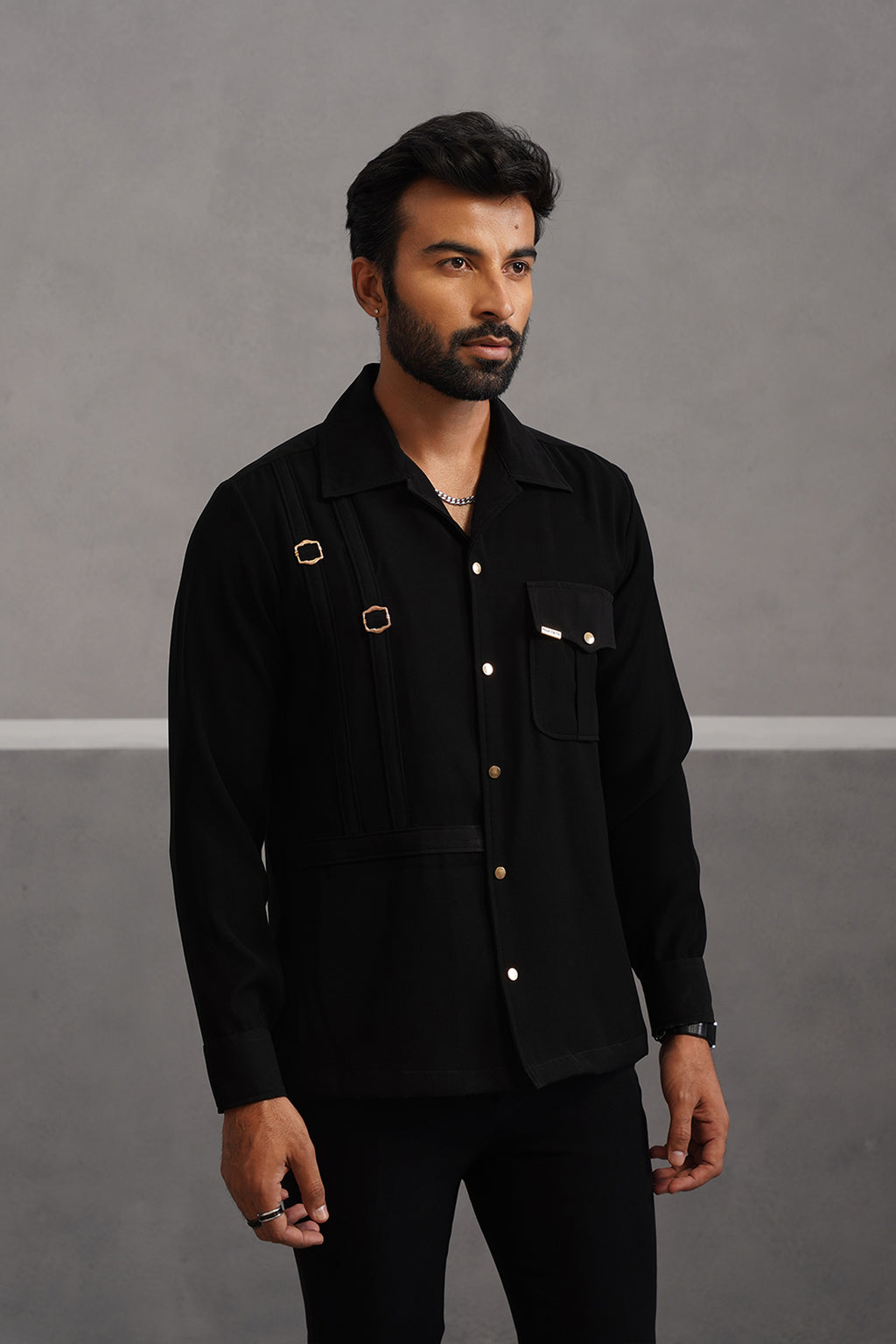 Korean Lycra Elite Full Sleeve Buckle Shirt - Black