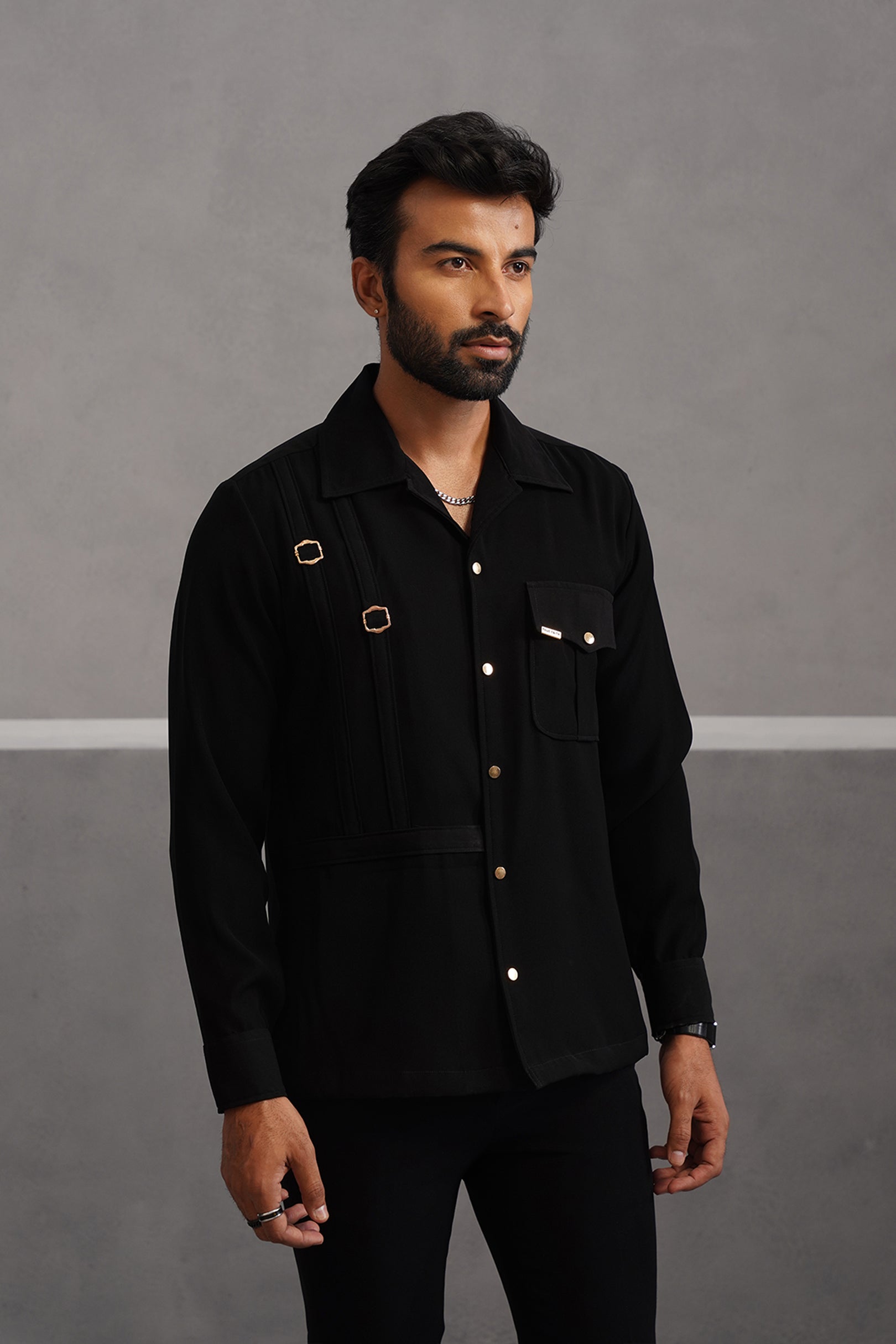 Korean Lycra Elite Full Sleeve Buckle Shirt - Black