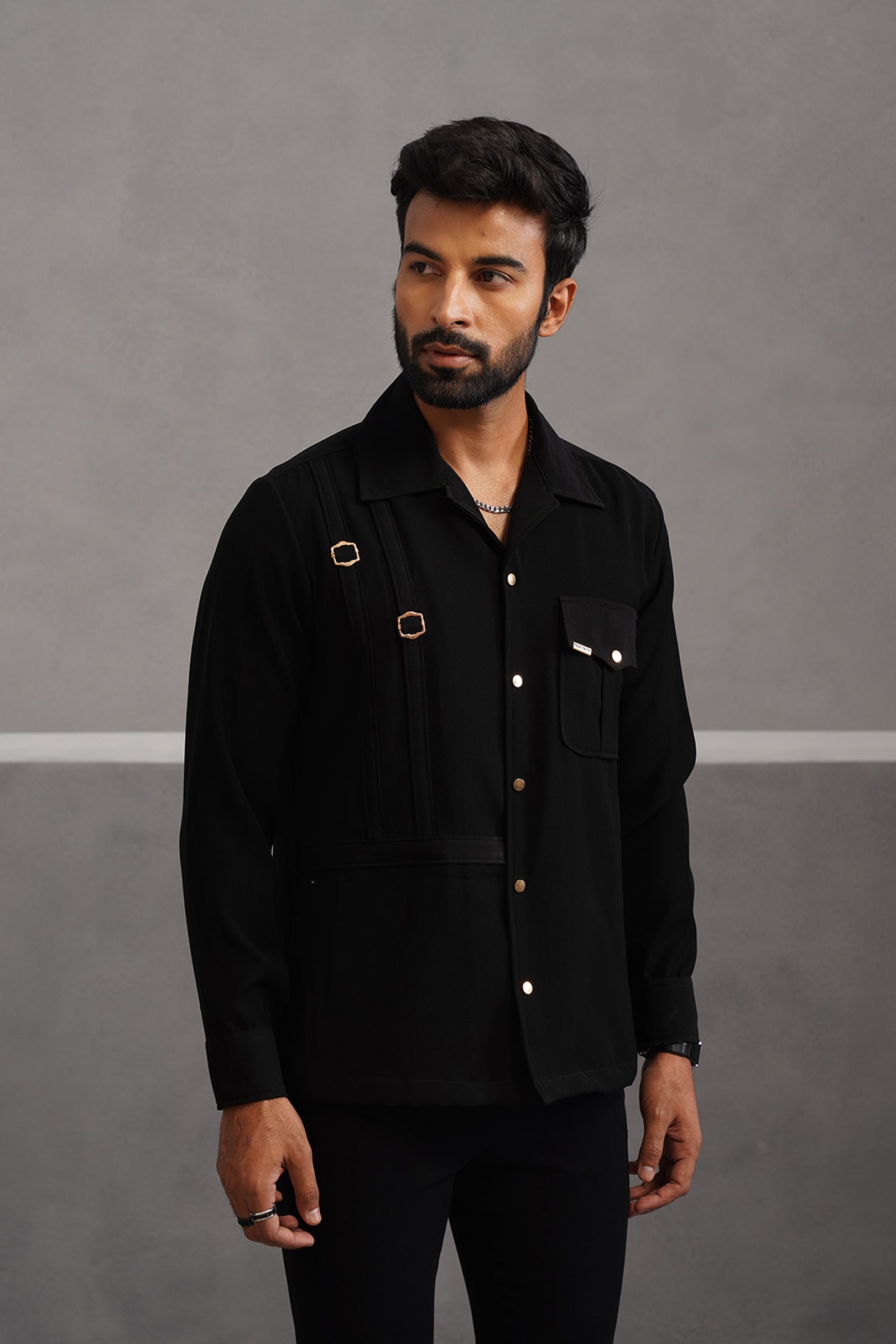 Korean Lycra Elite Full Sleeve Buckle Shirt - Black