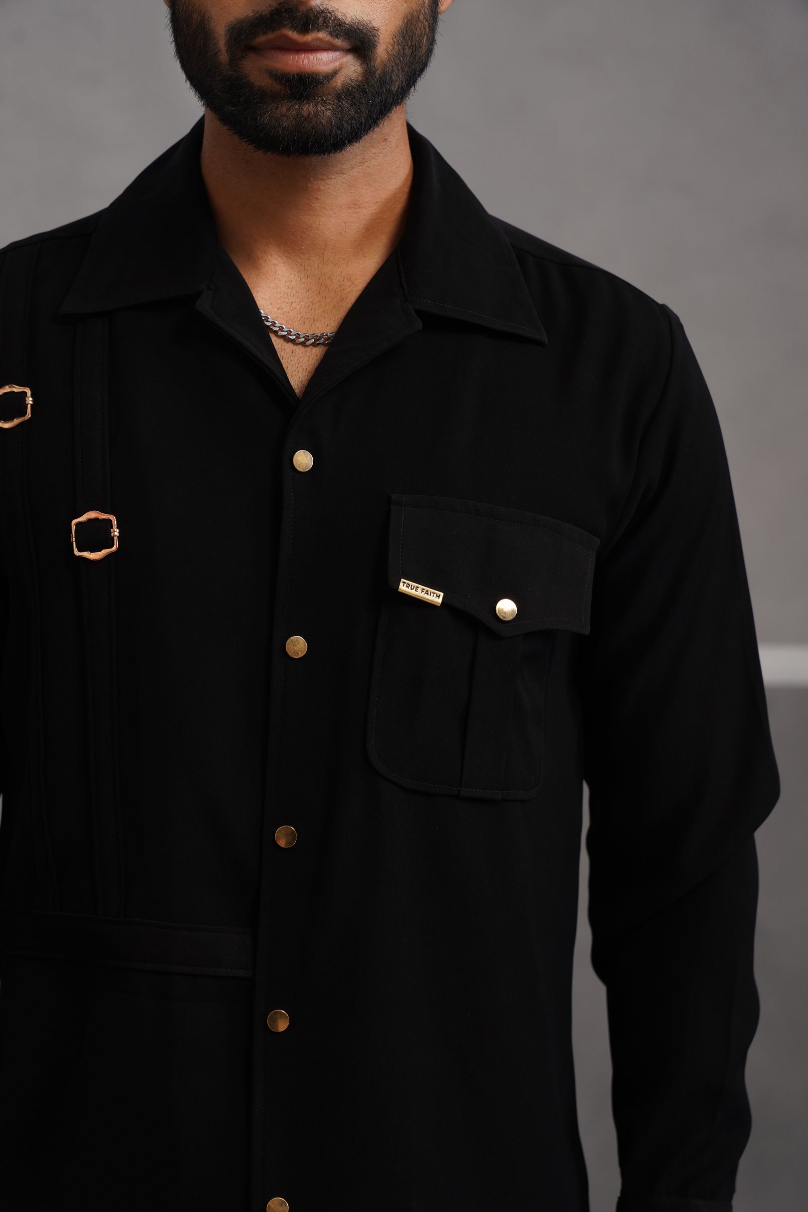 Korean Lycra Elite Full Sleeve Buckle Shirt - Black