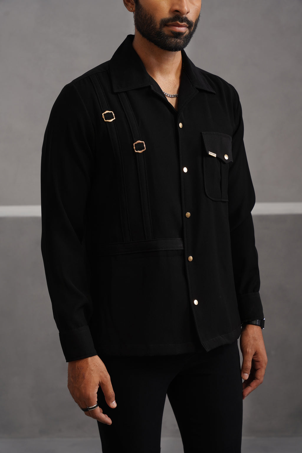 Korean Lycra Elite Full Sleeve Buckle Shirt - Black