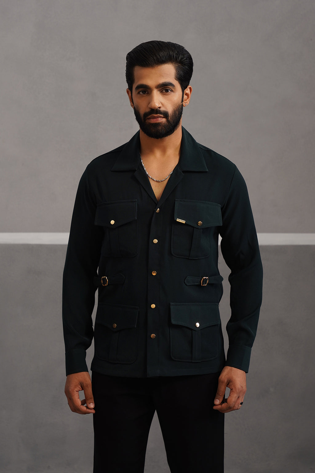 Korean Lycra Luxe Four Pocket Shirt - Bottle Green