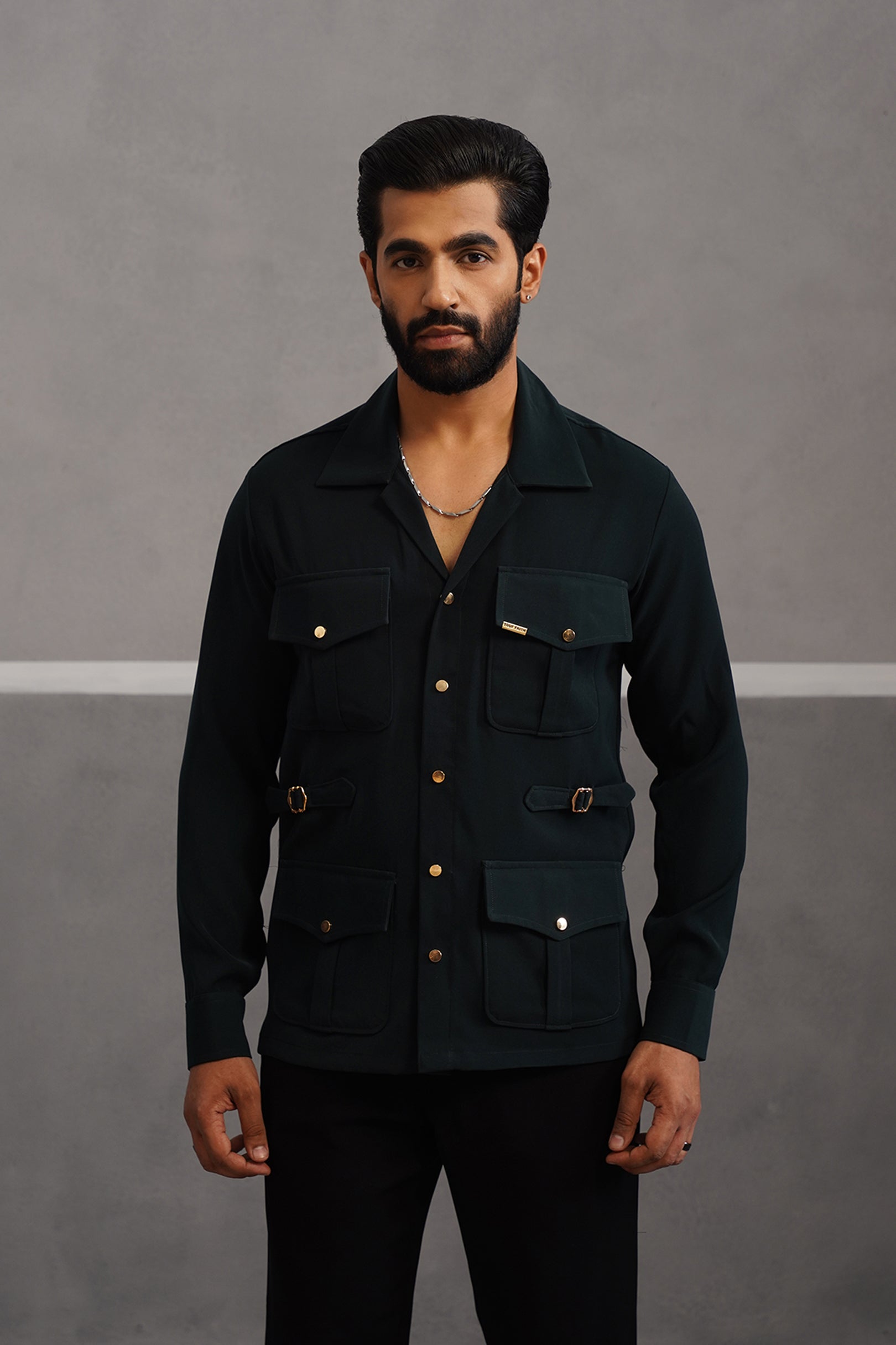 Korean Lycra Luxe Four Pocket Shirt - Bottle Green