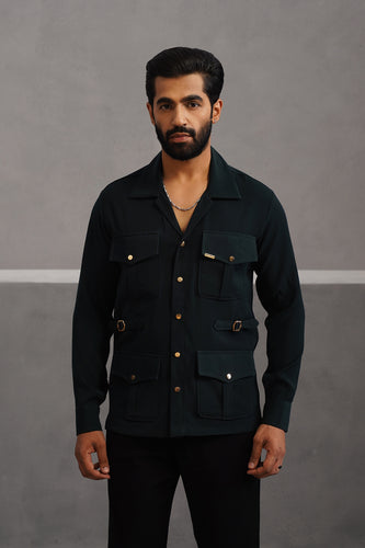 Korean Lycra Luxe Four Pocket Shirt - Bottle Green