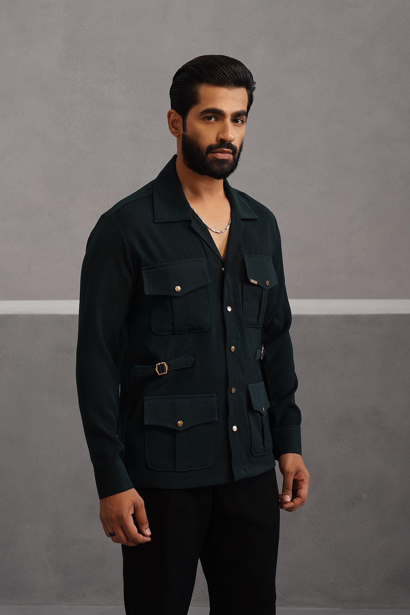 Korean Lycra Luxe Four Pocket Shirt - Bottle Green