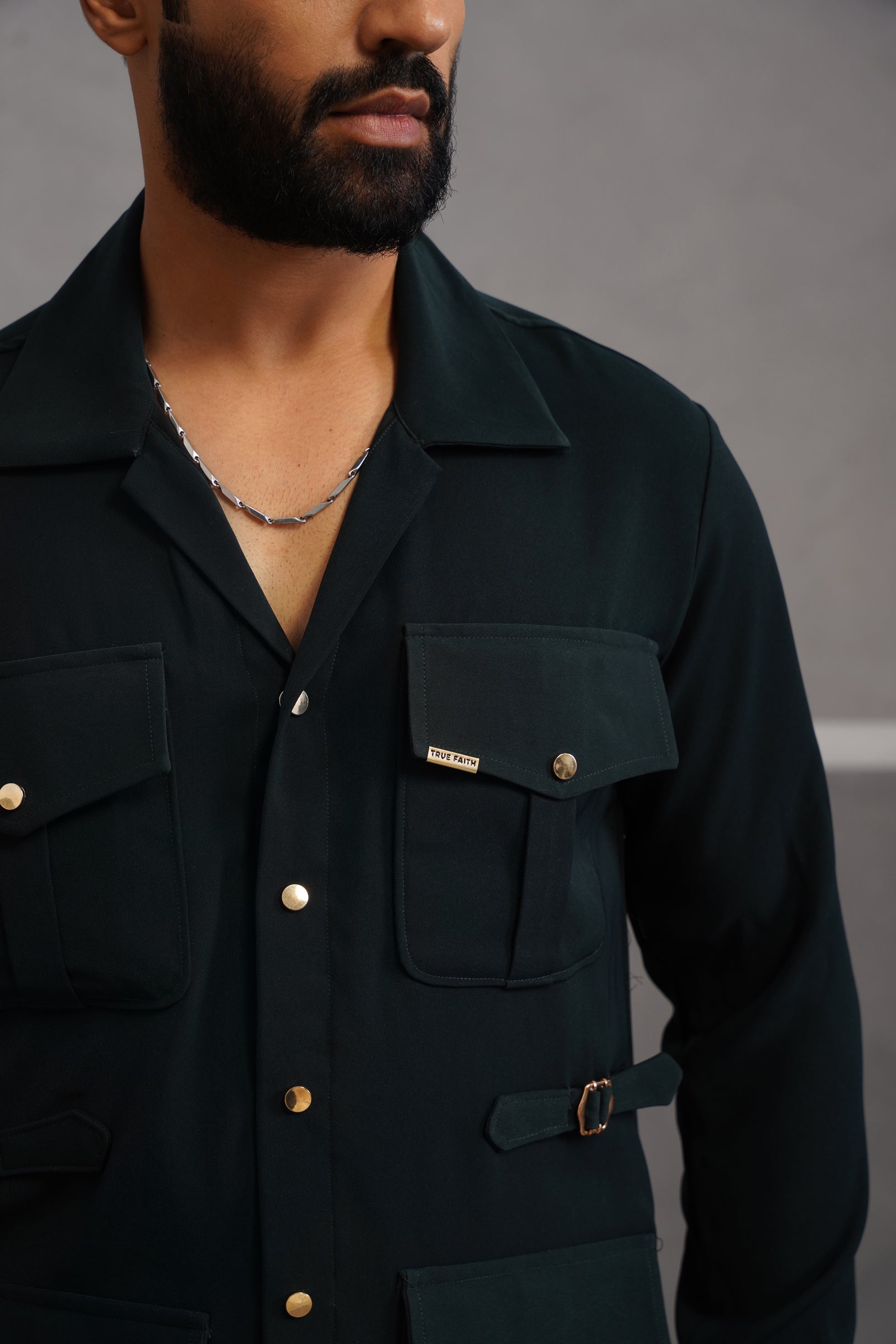 Korean Lycra Luxe Four Pocket Shirt - Bottle Green