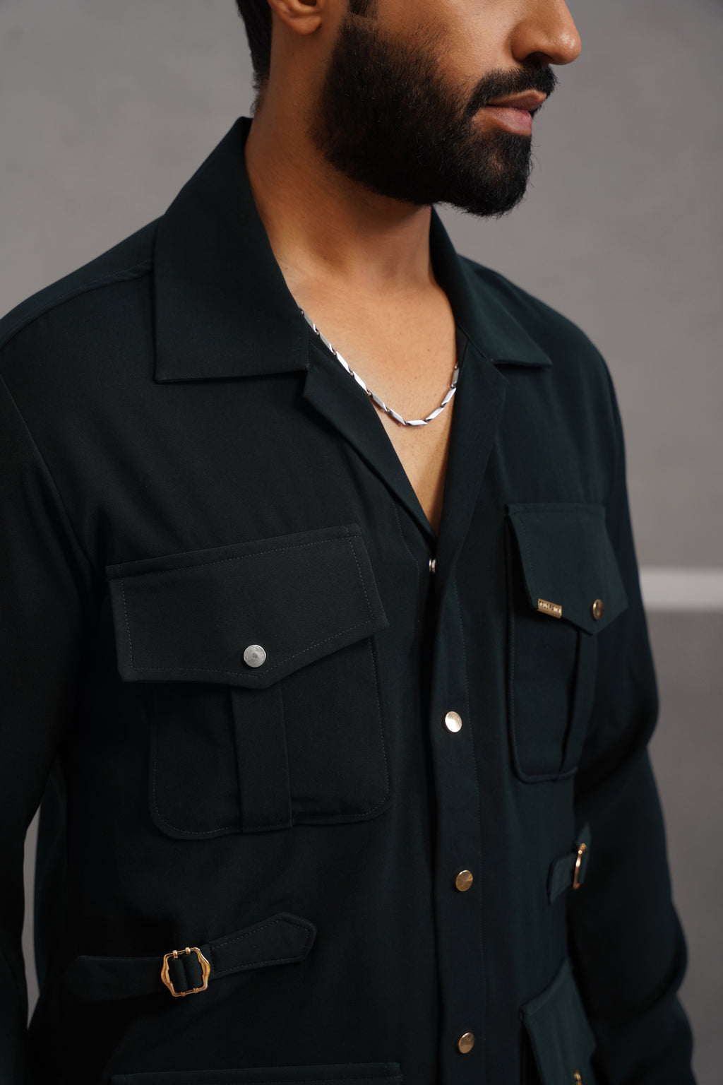 Korean Lycra Luxe Four Pocket Shirt - Bottle Green