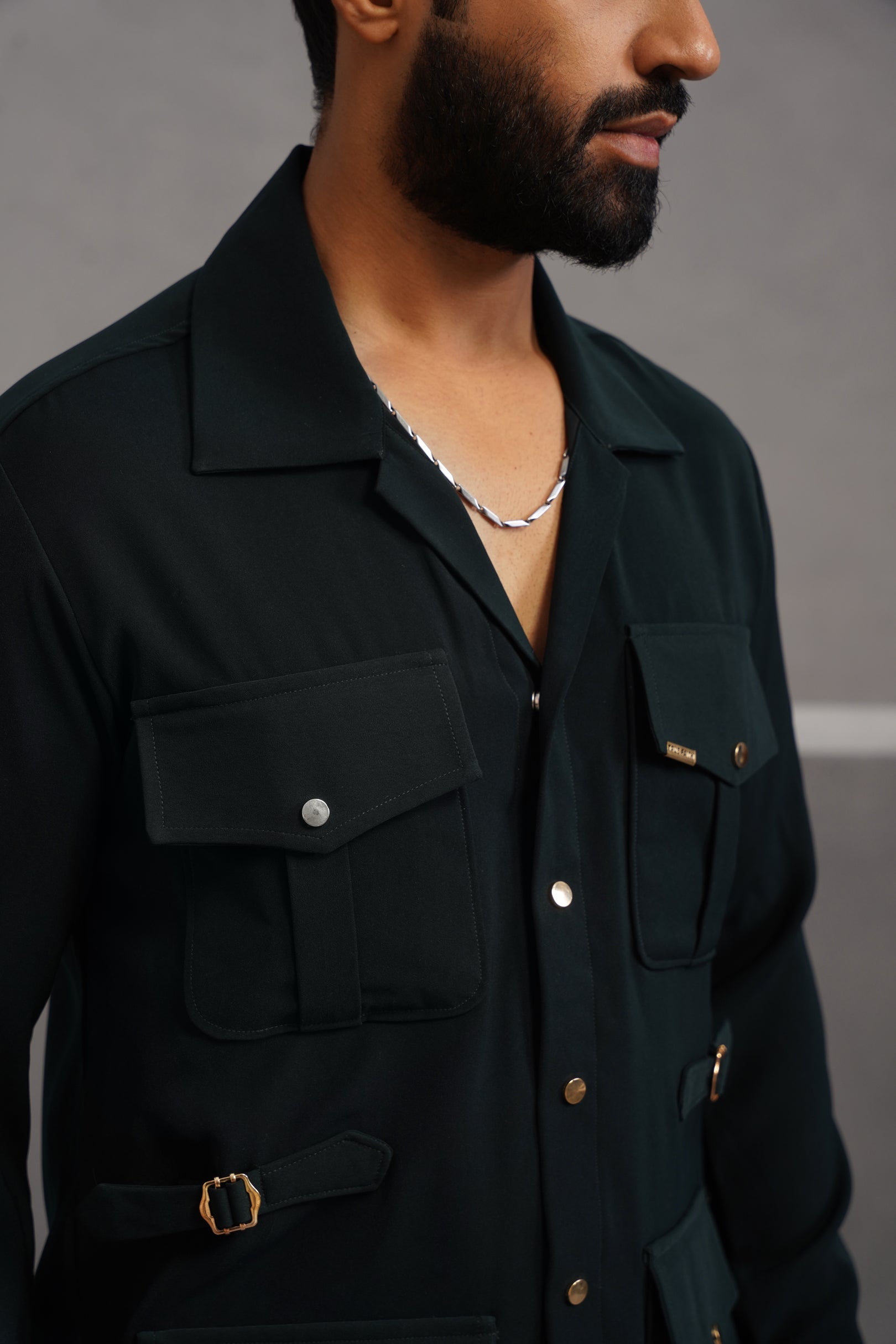 Korean Lycra Luxe Four Pocket Shirt - Bottle Green