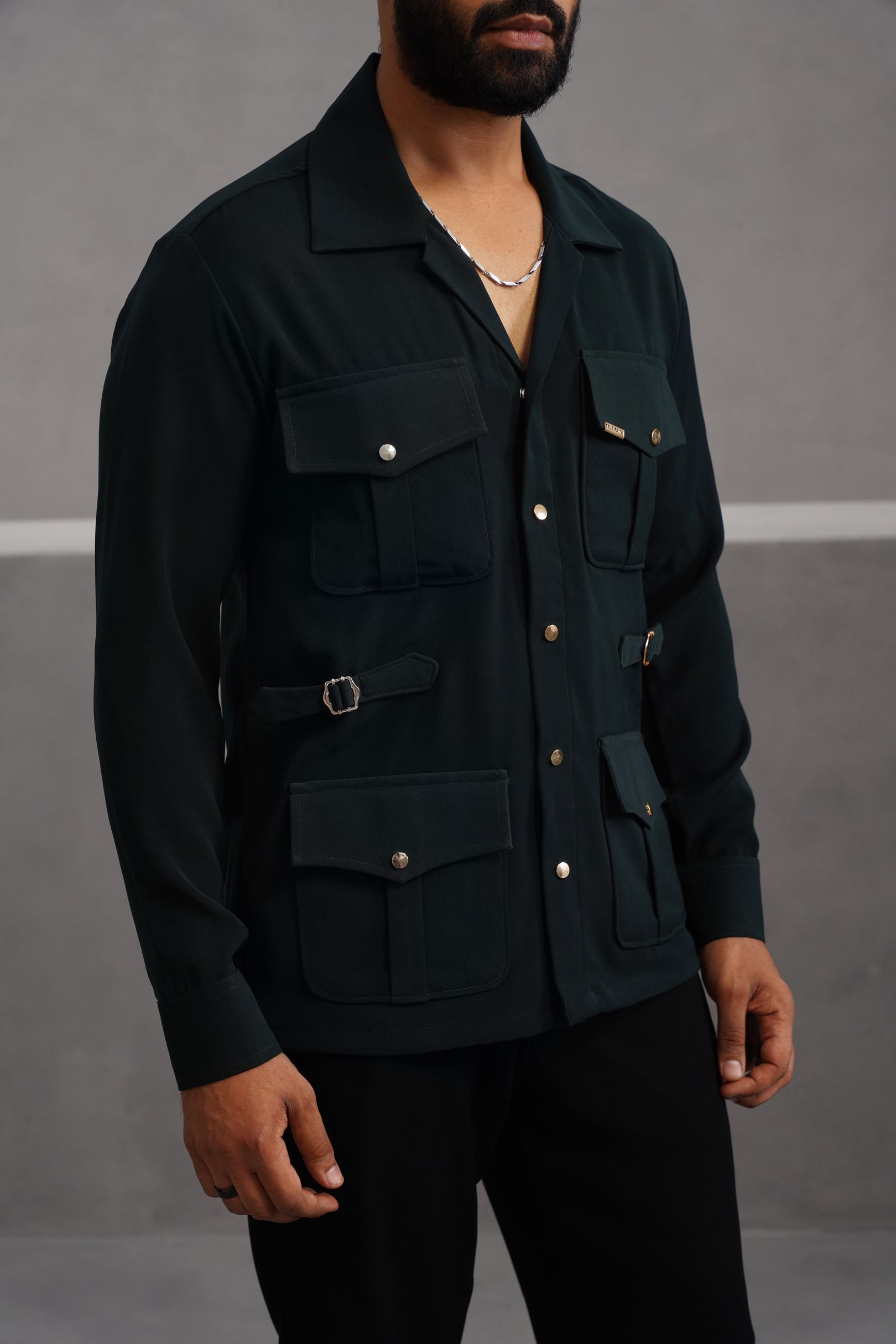 Korean Lycra Luxe Four Pocket Shirt - Bottle Green